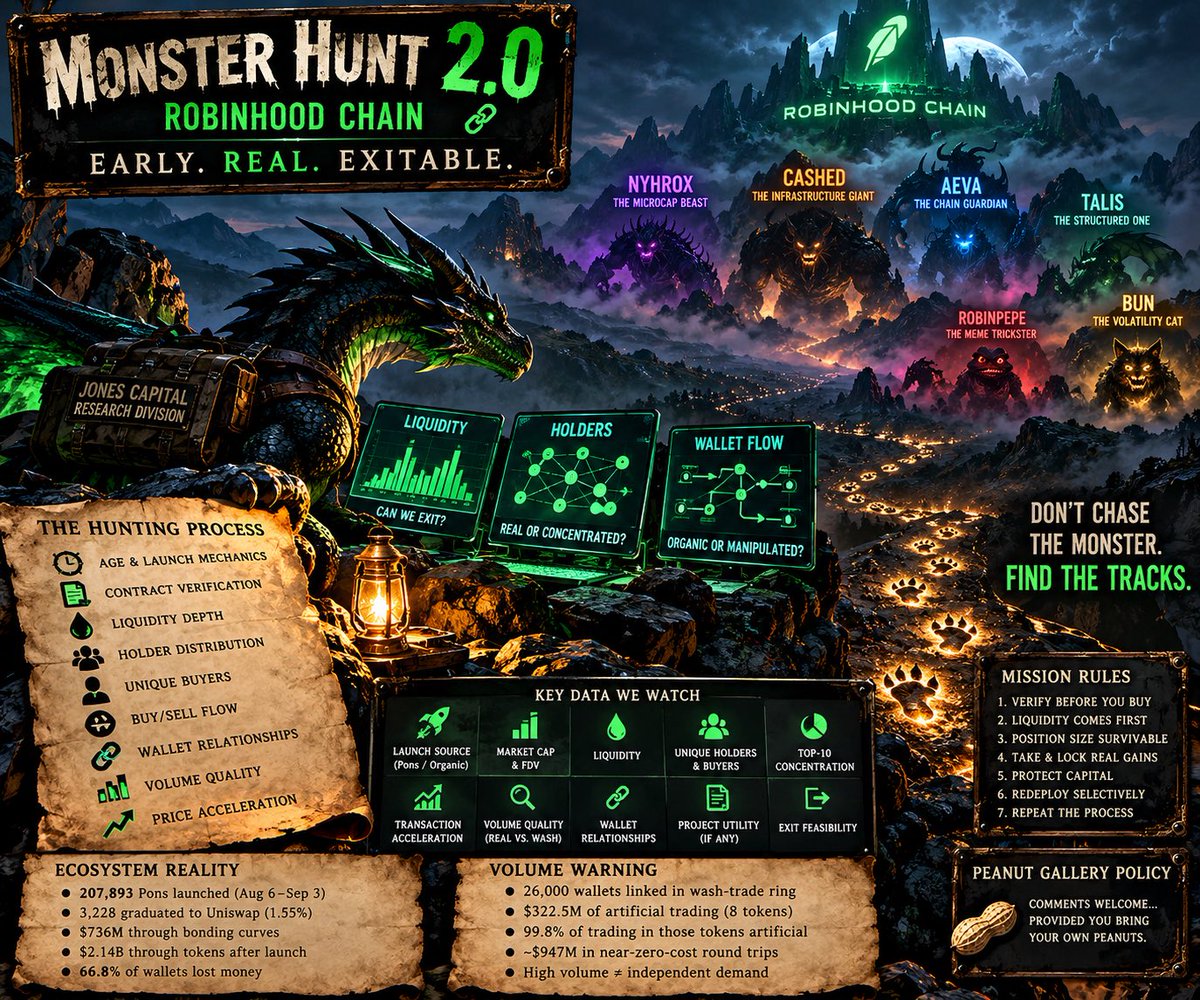 SignalAtTheEdge's tweet photo. MONSTER HUNT 2.0 // ROBINHOOD CHAIN 🐲🔬

The mission has changed.

EARLY. REAL. EXITABLE.

Liquidity. Holders. Wallet flow. Volume quality. Launch mechanics. Exit feasibility.

The giant green percentage gets your attention.
The tracks tell you whether the monster is real.

Don’t chase the monster.
Find the tracks.

And comments from the peanut gallery remain welcome… provided you bring your own damn peanuts. 🥜🤣

Please research all investment opportunities before investing.

#MonsterHunt #RobinhoodChain #Crypto #OnChain #MicroCaps