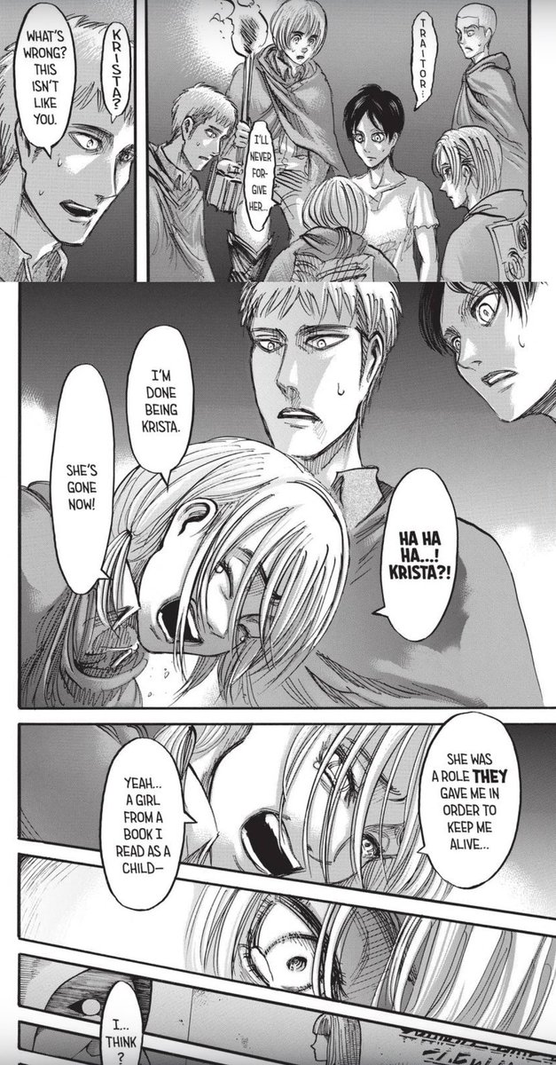 iaisotria's tweet photo. I think I figured out why Historia gets mischaracterized so much and it basically comes down to the removal of these scenes in the anime. The anime does not properly show the audience Historias ruthlessness so if you don’t engage with the manga you won’t understand her character. https://t.co/2sF3k30ArQ