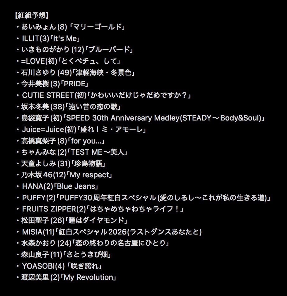 listen2_3radio's tweet photo. 2026年「第77回 NHK紅白歌合戦」 

出場者と曲目の秋予想です。
まだ予想を絞り切れず、少し幅を持たせる形になっています。

#NHK紅白 https://t.co/e1r5zwoHfC