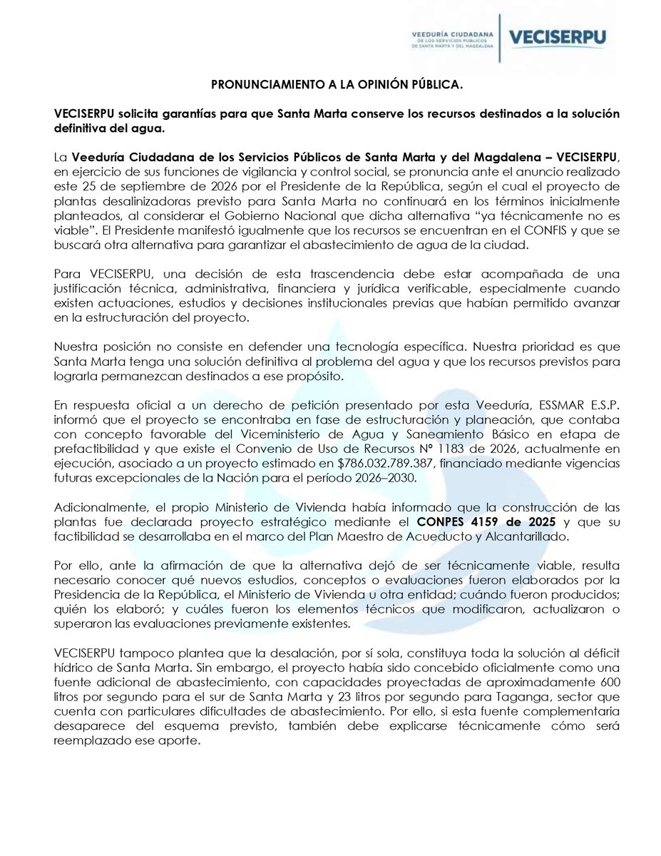 veciserpu's tweet photo. PRONUNCIAMIENTO A LA OPINIÓN PÚBLICA.

VECISERPU solicita garantías para que Santa Marta conserve los recursos destinados a la solución definitiva del agua. https://t.co/m5ezNlxZFw