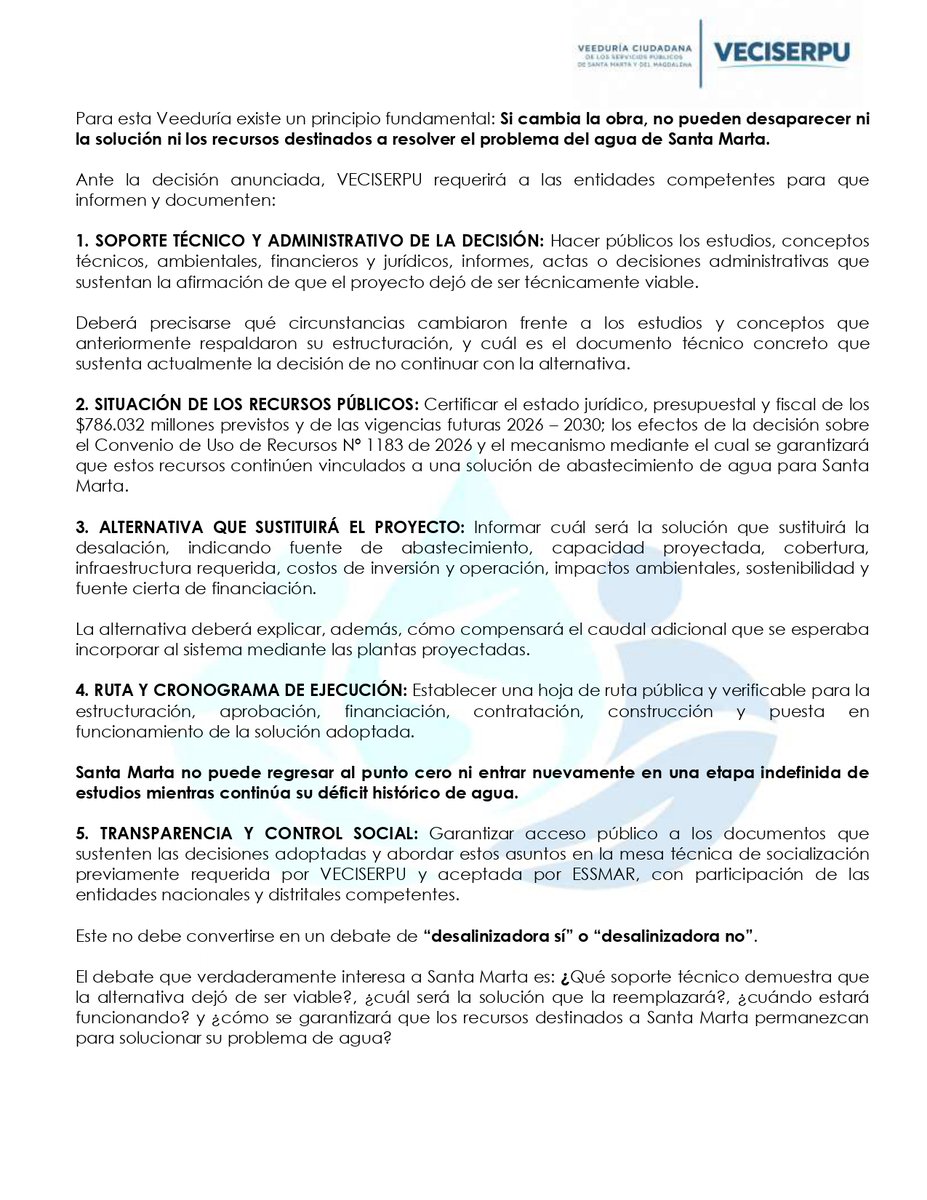 veciserpu's tweet photo. PRONUNCIAMIENTO A LA OPINIÓN PÚBLICA.

VECISERPU solicita garantías para que Santa Marta conserve los recursos destinados a la solución definitiva del agua. https://t.co/m5ezNlxZFw