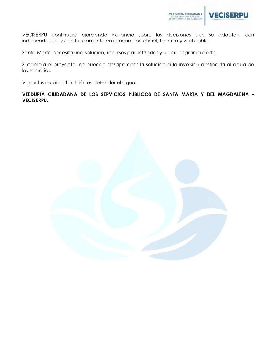 veciserpu's tweet photo. PRONUNCIAMIENTO A LA OPINIÓN PÚBLICA.

VECISERPU solicita garantías para que Santa Marta conserve los recursos destinados a la solución definitiva del agua. https://t.co/m5ezNlxZFw