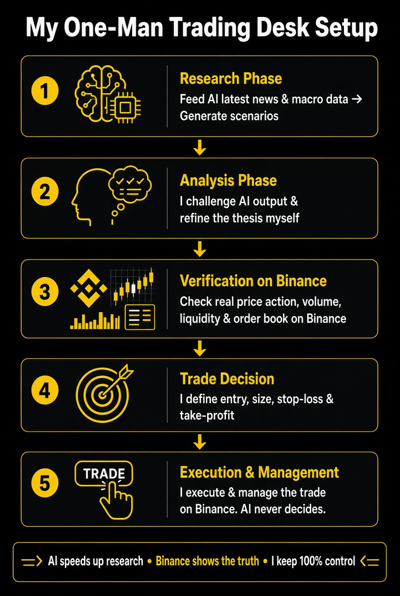 The_Abdullah_11's tweet photo. @binance My trading desk is just me, AI, and Binance.
Research AI helps generate scenarios  
Analysis I challenge &amp; refine it myself  
Verification Check real data on Binance  
Decision I set entry, size, SL &amp; TP  
Execution I trade &amp; manage everything

AI supports. I control 100%. https://t.co/OdUpRRDwz2
