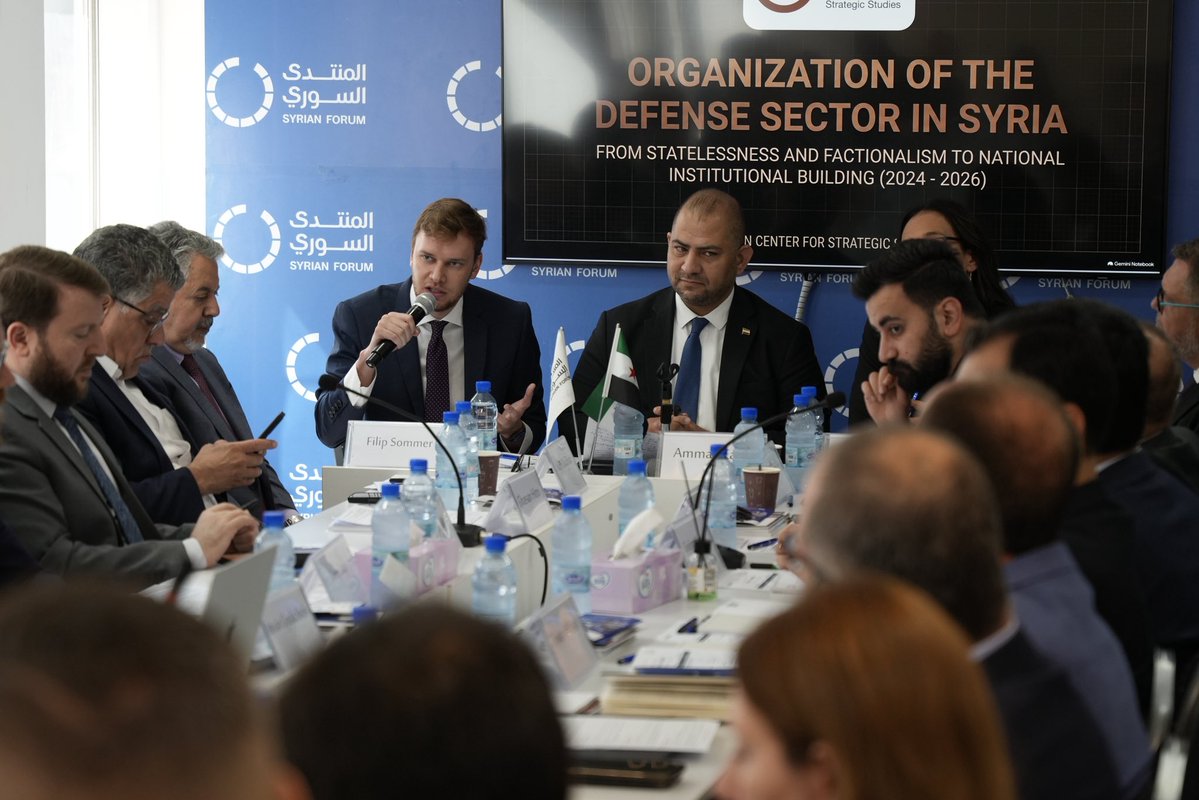 OmranDirasat's tweet photo. On 24 September 2026, the Omran Center for Strategic Studies, in cooperation with PCMR and Khayrion, held a closed policy workshop in Damascus titled “Syria in Transition: Regional Dynamics and V4 Engagement.”

Bringing together researchers, experts, and diplomats, the workshop addressed key issues related to Syria’s transition, including state consolidation and security integration; Syria, Israel, and the changing regional order; economic recovery and investment systems; and the rebuilding of Syria’s external relations, with a particular focus on engagement with the Visegrád Group (V4). 

The discussions provided a platform for exchanging perspectives on the challenges and opportunities facing Syria during the current transition and for exploring avenues for future cooperation on issues of shared interest.