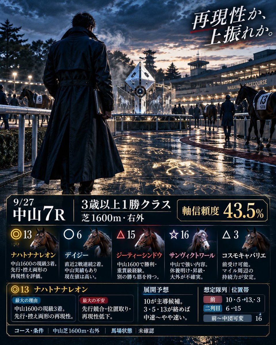 senryuhanabi's tweet photo. 9/27 中山 7R｜3歳以上1勝クラス
芝1600m・右外

13番ナハトナナレオンは、中山1600mの現級3着と同舞台での勝利実績があり、先行しても控えても形を作れる再現性を軸に評価。

◎13 ナハトナナレオン
○6 デイジー
▲15 ジーティーシンドウ
☆16 サンヴィクトワール
△3 コスモキャバリエ

◎13 ナハトナナレオン
1着予測 16%｜3着内予測 44%

【展開予想】
10デスサイズが主導候補。5ショウナンマリーナ、13ナハトナナレオン、3コスモキャバリエが前の一団に加わる想定。

10が単騎で運べれば流れは中程度。3・5・13との競合が強まれば、中速〜やや速い流れまで見る。

前への負荷が強くなれば、6デイジー、7スワローシチー、9ポッドロルフ、12ニシノコマチムスメ、15ジーティーシンドウ、16サンヴィクトワールの持続力・差しが生きる枝。逆に10が楽なら前残りも残す。

【想定隊列｜位置帯】
前：10・5・13・3
二列目：6・15
前〜中団可変：16
中団：2・9・14
中団後ろ：7・11
後方：1・4・8・12

【◎13 ナハトナナレオンの勝ち筋】
10・5・3の出方を見ながら、第一波で無理なく前を確保する形。

単騎寄りの流れでも、前が競り合って少し速くなっても、先行・控える両方の形を経験している点が強み。中山1600mの現級3着と同舞台で見せた内容を再現し、前を射程に入れたまま直線へ向かえる形が中心。

【◎13 ナハトナナレオンの崩れ条件】
・3・5・10との先行競合が強まり、前半の負荷が大きくなる
・想定より後ろになり、位置取りの再現性が崩れる
・中山1600mで見せてきた先行・控え両形の再現性そのものが下がる

【コース・条件】
中山芝1600m・右外。

コーナーのある外回りとして、前で受ける馬と中団以降で位置を取る馬を分けて評価。今回は10を中心に3・5・13が前へ絡む構造で、前の競り方が全体の流れを左右する想定。

馬場状態は予想固定時点で未確認。

【全頭診断｜3着内予測順】

◎13 ナハトナナレオン｜1着 16%｜3着内 44%｜中山1600mの現級3着と同舞台での勝利実績。先行・控える両方に対応できる再現性を評価。

○6 デイジー｜1着 15%｜3着内 42%｜直近は中山1800mを含めて連続2着。中山マイルでも3着歴があり、現在の安定度は高い。

▲15 ジーティーシンドウ｜1着 14%｜3着内 38%｜中山1600mで新馬勝ち、ジュニアC3着、1勝級4着。今回条件で別の勝ち筋を持つ。

△3 コスモキャバリエ｜1着 11%｜3着内 33%｜札幌1500mで2着、福島1800mでも2着。前で運べて、マイル周辺の持続力に安定感がある。

☆16 サンヴィクトワール｜1着 10%｜3着内 29%｜中山1600mで勝利、中山1800mでも2着。3戦の内容は強いが、休養明け・昇級・大外の不確実性を残す。

―9 ポッドロルフ｜1着 7%｜3着内 24%｜東京1600mで5着、中京1600mで2着。中団から運べるマイル実績があり、今回条件への接続は比較的明瞭。

―7 スワローシチー｜1着 6%｜3着内 21%｜東京1600mで2着歴。中山1600mの直近は7着だが、流れが噛み合えば差し込める余地を残す。

―12 ニシノコマチムスメ｜1着 5%｜3着内 17%｜新潟1800m5着、福島1800m3着。差す形の持続力はあるが、距離短縮での位置取りが鍵。

―8 ジャグアール｜1着 4%｜3着内 14%｜中山1800mでは2着・3着歴もあり能力は見せている一方、直近は11着。走りの振れ幅が大きい。

―10 デスサイズ｜1着 3%｜3着内 11%｜東京1600mで逃げる形を経験しており、今回の主導候補。ただし直近新潟1400m18着で変動リスクも大きい。

―5 ショウナンマリーナ｜1着 3%｜3着内 9%｜東京1600mで逃げた経験があり、今回も前の一団を形成できる。ただ近走の1勝級では結果が伴わず、展開依存度は高い。

―14 カイトグート｜1着 2%｜3着内 6%｜直近は1200m中心。中山1600mでは過去に11着があり、距離を戻してどこまで変われるか。

―1 ウインロゼライト｜1着 2%｜3着内 5%｜最新の1勝級芝1400mは10着。近況の1勝級芝では強い裏付けが薄く、今回は上昇材料が必要。

―11 シックスパック｜1着 1%｜3着内 4%｜中央1勝級ではダートで9着・14着。地方での勝利はあるが、今回の芝マイルで現級を押し切る裏付けは薄い。

―4 アテンスマイル｜1着 1%｜3着内 3%｜直近の中央芝は1200m13着、1400m10着。過去の中山マイル実績は参考になるが、近況からは復調待ち。

―2 サクラパステル｜1着 1%｜3着内 3%｜キャリア5戦。近2走の1勝級はダートで大敗しており、今回は芝への大きな条件替わりへの対応が課題。