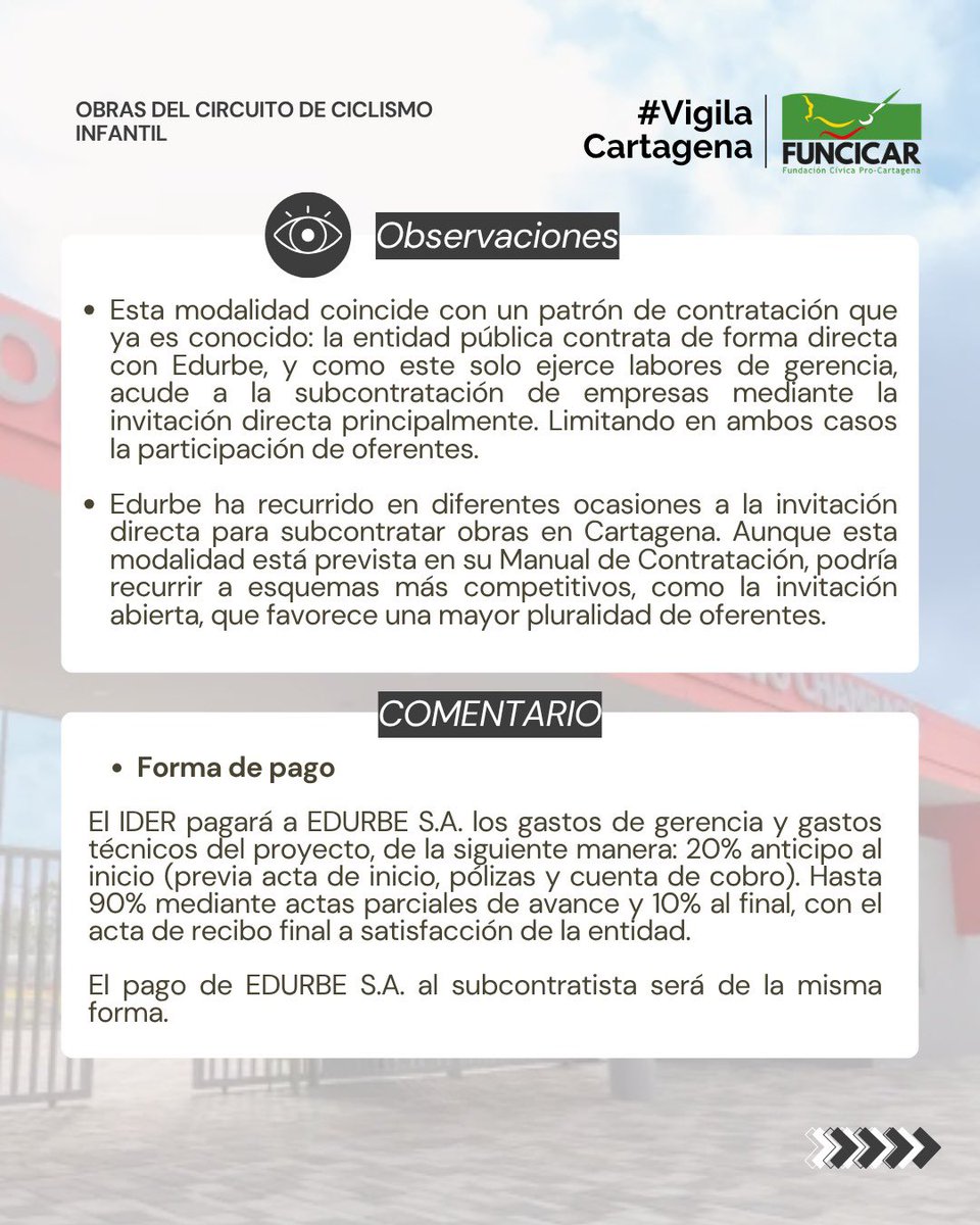 funcicar's tweet photo. #VigilaCartagena | IDER contrató a Edurbe para subcontratar las obras del circuito de ciclismo infantil, por un valor de $1.196 millones, de los cuales $71 millones son para la gerencia a cargo de esta entidad.

👀🔎 https://t.co/7W9XycHx8k