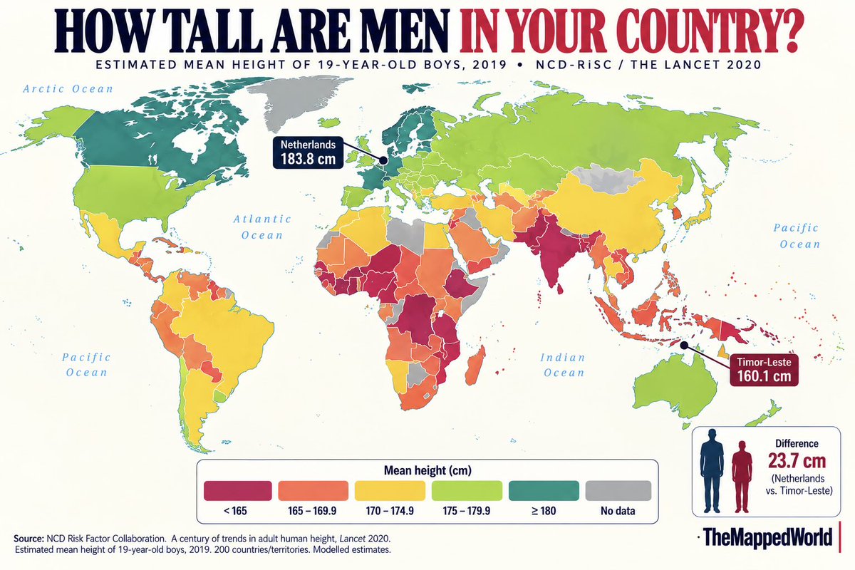 TheMappedWorld's tweet photo. The Dutch are looking down on everyone 🇳🇱

How tall is your country? https://t.co/e2sGx026Tt