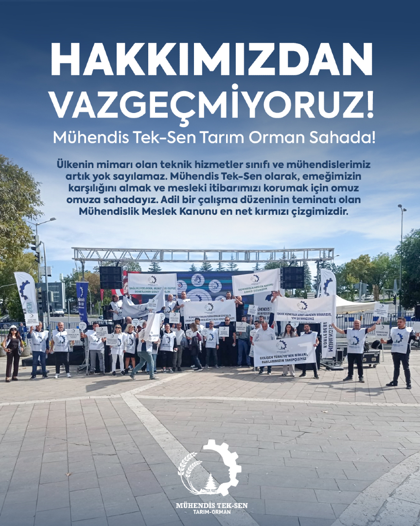 MuhTekTrmOrmn's tweet photo. "Teknik Hizmetler Sınıfı Ülkenin Mimarıdır, Yok Sayamazsınız" diyerek emeğimizin karşılığını almak ve meslek onurumuzu korumak için bugün omuz omuza meydanlardaydık.Tarım ve orman sektörlerinde gece gündüz üreten mühendis ve teknik personel olarak, sahadaki alın terimizin masa başında görmezden gelinmesini kesinlikle kabul etmiyoruz.

Adil ücret, liyakat ve mesleki saygınlık taleplerimizi tek yürek halinde alanlardan bir kez daha duyurduk. Sistemsel sorunların çözümü ve güvenceli bir gelecek için Mühendislik Meslek Kanunu en net kırmızı çizgimizdir.

Emeğine sahip çıkarak alanları dolduran, hakkını arayan ve sesimize ses katan tüm meslektaşlarımıza yürekten teşekkür ederiz. Hak verilmez, birlikte omuz omuza mücadele edilerek alınır!

#MühendisTekSenTarımOrman #MühendislikMeslekKanunu #AdilÜcret #Liyakat #MeslekiDayanışma #BirlikteGüçlüyüz