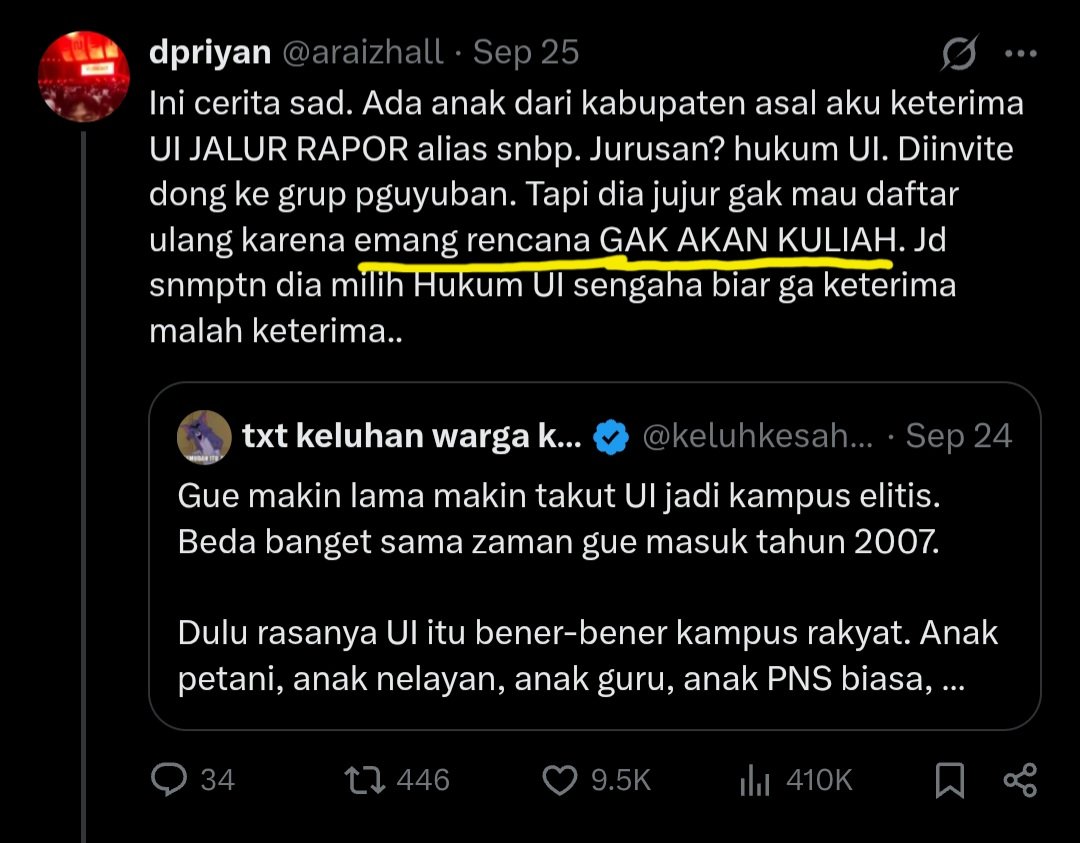 sayapapao's tweet photo. @missyutu @araizhall Yg gw highlight adalah hal yg gw sayangkan. Kalau memang dari awal ga akan rencana kuliah, i wouldnt submit anything. Berikan kesempatan kursi undangan dia ke orang lain yg emang rencana kuliah https://t.co/MbYhwvspXC