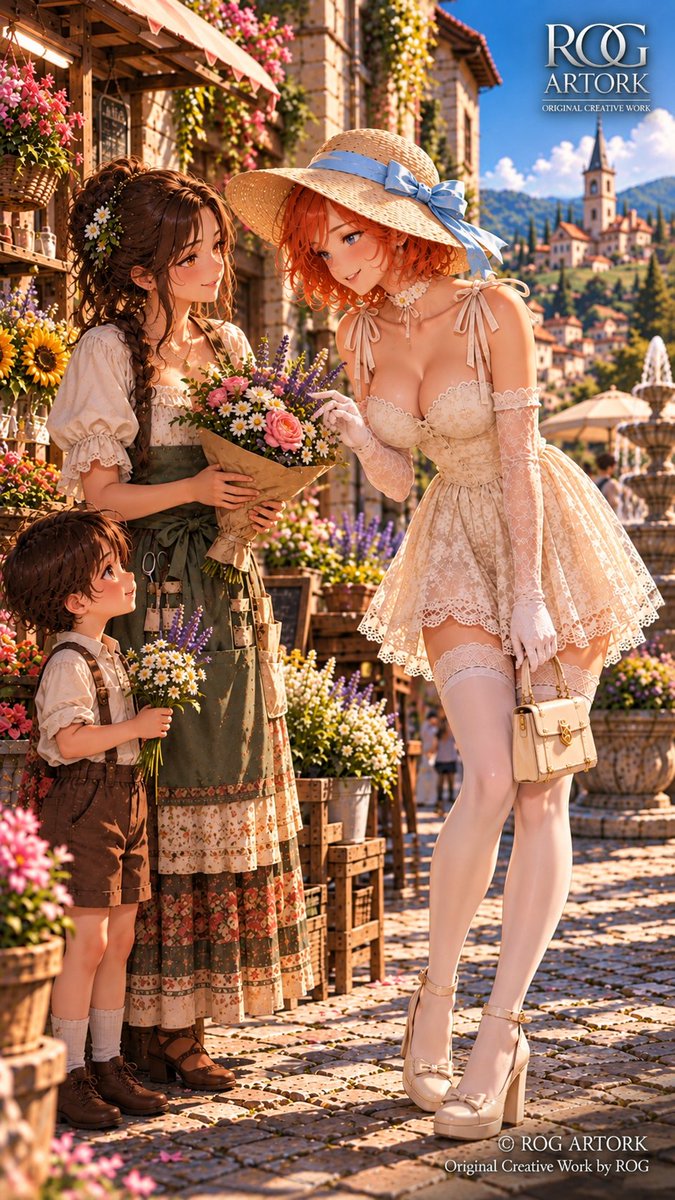 ROGArtStudio_'s tweet photo. Bom dia | Flores &amp; Gentileza

No mercado de flores, um gesto simples.  
A vendedora oferece seu arranjo,  
o menino observa com olhos brilhantes,  
e a dama tocando num sorriso suave.  

Gentileza florescendo em pétalas.  

Arte original ROG ARTORK.
#AIart #AIイラスト #OC https://t.co/dWHcQtPNQI
