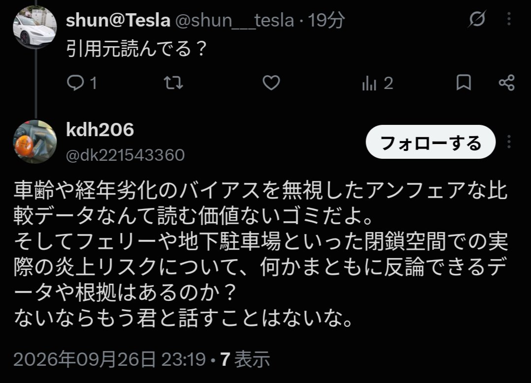 shun___tesla's tweet photo. やっぱり引用元読んでないやんw
「EVは燃える可能性高いから隣に停めない」
と言うからガソリン車とEVの炎上率の比較を出したのに
「ガソリン車には古いものも含まれるからそのデータ参考ならん」とか言われて草
「隣に止めて炎上する可能性」の話だから新旧関係ないやろ
だからクソリプアンチEVは嫌い https://t.co/hXMI5VQwjB