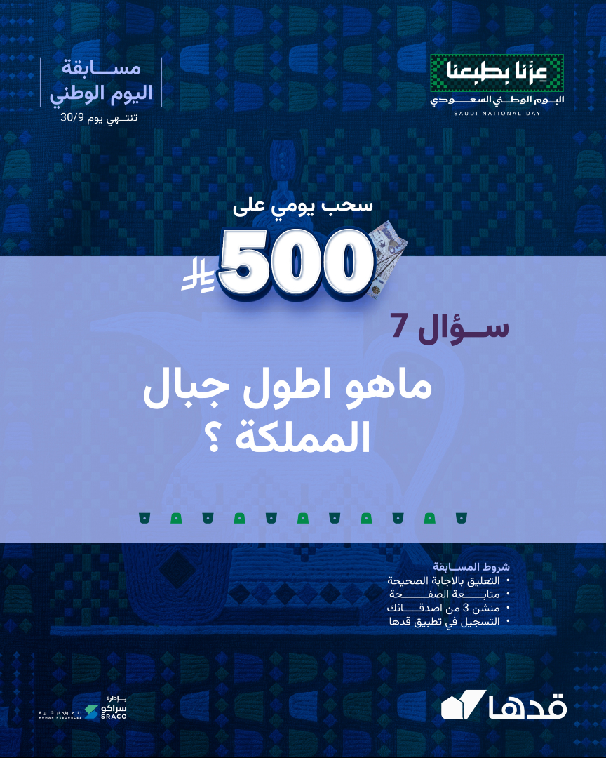 gadhahome's tweet photo. السؤال السابع في مسابقة اليوم الوطني 🇸🇦
جاوبوا وادخلوا السحب على 500 ريال كاش🔥

الشروط 
-التعليق بالاجابة الصحيحة
-متابعة الصفحة
-منشن 3 من اصدقائك
-تحميل والتسجيل في تطبيق قدها

*تطبق الشروط والأحكام. https://t.co/FDJ8g9BHgR