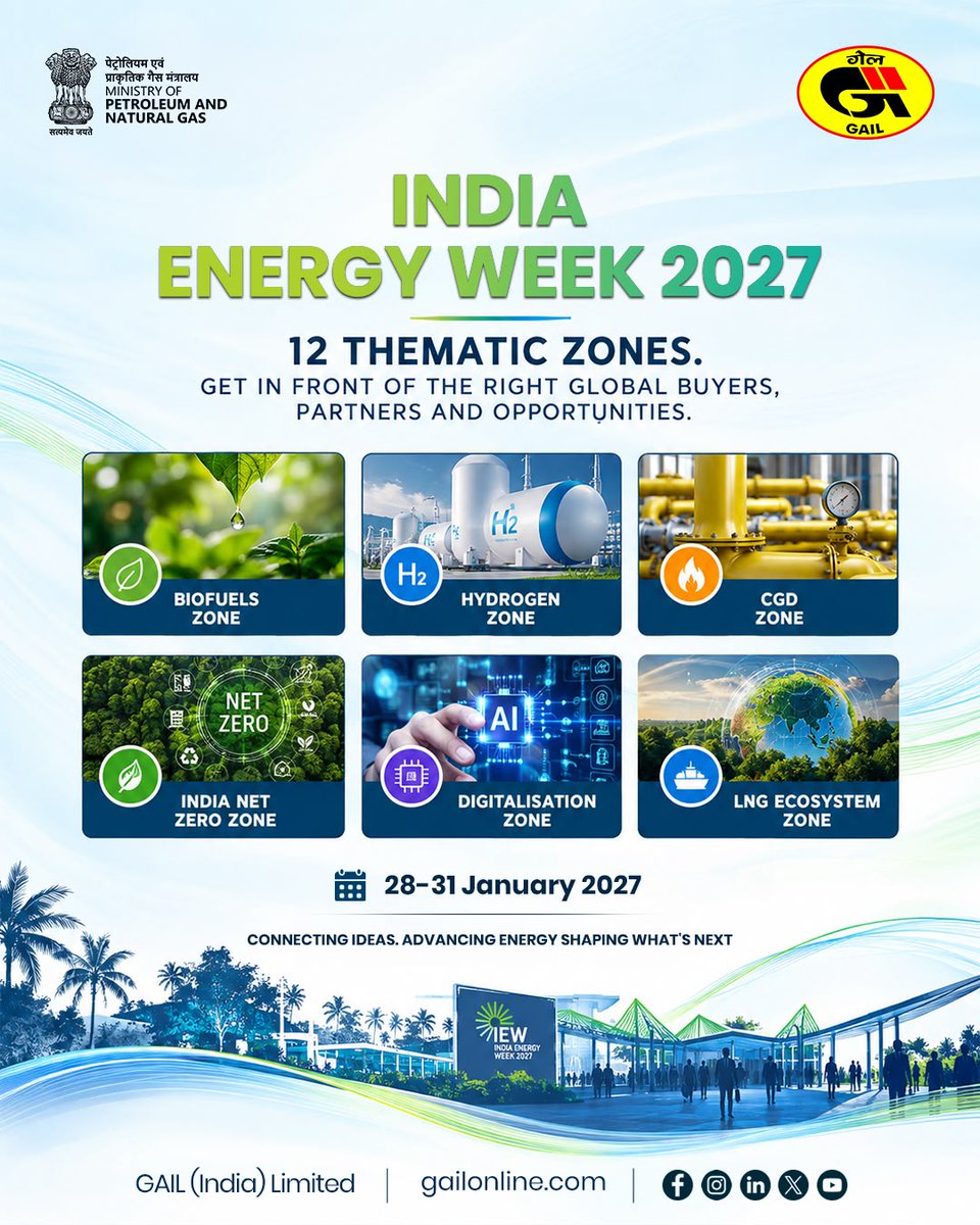 gailindia's tweet photo. India Energy Week 2027 brings together ideas, technologies and opportunities shaping the future of energy.

With 12 thematic zones, the event will bring global buyers, partners and industry stakeholders together across key areas including Biofuels, Hydrogen, CGD, India Net Zero, Digitalisation and the LNG ecosystem.

Taking place from 28–31 January 2027, India Energy Week 2027 will provide a platform for collaboration, knowledge exchange and conversations around the evolving energy landscape.

Connecting ideas. Advancing energy. Shaping what’s next.

@HardeepSPuri @TheSureshGopi @neerajmittalias @Secretary_MoPNG @PetroleumMin @CMD_GAIL

#WahKyaEnergyHai #EnergizingPossibilities #GAILIndia #IndiaEnergyWeek2027 #IEW2027