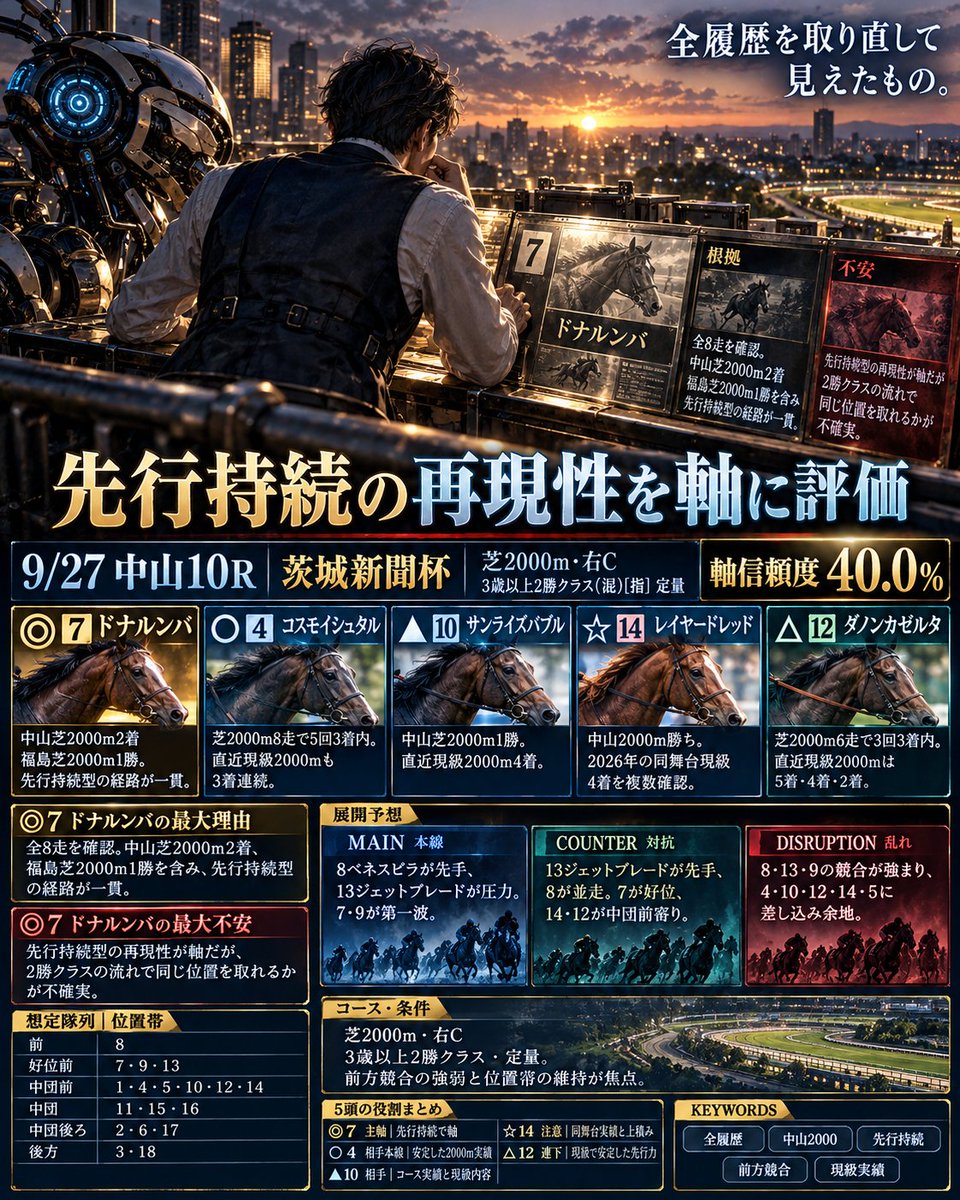 senryuhanabi's tweet photo. 9/27 中山 10R｜茨城新聞杯
芝2000m・右C

7番ドナルンバは、中山芝2000m2着と福島芝2000m1勝を含む先行持続型の一貫性を軸に評価。想定は好位前で、2勝クラスの流れでも同じ位置取りを再現できるかが焦点。

◎7 ドナルンバ
○4 コスモイシュタル
▲10 サンライズバブル
☆14 レイヤードレッド
△12 ダノンカゼルタ

◎7 ドナルンバ
1着予測 17%｜3着内予測 40%

【展開予想】
8ベネスピラが先手なら13ジェットブレードが圧力をかけ、7・9が第一波。13が先手なら8が並走し、7が好位、14・12は中団前寄り。

8・13・9の競合が強まれば平均より速い側へ寄り、4・10・12・14・5に差し込み余地。さらに流れが厳しくなれば6・17まで浮上余地がある。

一方、前が単騎に近い形なら平均域に収まり、7・9・13・8の前方勢が残る形もある。

【想定隊列｜位置帯】
前：8
好位前：7・9・13
中団前：1・4・5・10・12・14
中団：11・15・16
中団後ろ：2・6・17
後方：3・18

【◎7 ドナルンバの勝ち筋】
想定は好位前。前方の競合を見ながら位置を確保し、中山芝2000m2着、福島芝2000m1勝で確認した先行持続型の経路を再現できれば中心。

自ら無理に先手争いを作るより、前を射程に入れた位置から持続力を生かせる形が、今回の評価と最も整合する。

【◎7 ドナルンバの崩れ条件】
・8・13・9との前方競合に巻き込まれ、流れが平均より速い側へ寄る
・2勝クラスの流れで想定する好位前を確保できない
・先行持続の再現性が崩れ、4・10・12・14・5へ差し込み余地が広がる

【コース・条件】
芝2000m・右C、3歳以上2勝クラスの定量戦。

今回は前方競合の強弱と位置帯の維持が判断の軸。◎7は中山芝2000m2着、○4は芝2000m8走で5回3着内、▲10は中山芝2000m1勝、△12は直近の2勝クラス2000mで5着・4着・2着。☆14も中山芝2000mの1勝クラス勝ちに加え、2026年の同舞台2勝クラスで4着を複数回確認している。

【全頭診断｜3着内予測順】

○4 コスモイシュタル｜1着 15%｜3着内 41%｜芝2000m8走で5回3着内。直近の2勝クラス2000mでも3着を連続しており、この条件での再現性を評価。

◎7 ドナルンバ｜1着 17%｜3着内 40%｜中山芝2000m2着、福島芝2000m1勝。先行持続型の経路が一貫しており、主軸評価を維持。

▲10 サンライズバブル｜1着 11%｜3着内 30%｜中山芝2000m1勝に加え、直近の2勝クラス芝2000mで4着。コース・距離と現級内容の双方を確認。

△12 ダノンカゼルタ｜1着 9%｜3着内 28%｜芝2000m6走で3回3着内。直近の2勝クラス2000mも5着・4着・2着で、現級実績を重く評価。

―5 ハニードレス｜1着 7%｜3着内 23%｜中山芝2000m新馬2着と札幌2勝クラス2000m3着があり、2000m適性の裏付けを持つ。

―9 ルージュボヤージュ｜1着 8%｜3着内 22%｜中山芝1800m勝ちと先行力は材料。芝2000mは未経験で、距離延長の不確実性が残る。

―1 スイートオレンジ｜1着 5%｜3着内 17%｜芝2000mの勝利・2着に加え、2000mで前へ行った履歴を確認。全履歴で前進力の裏付けが増えた。

―6 ミツカネベネラ｜1着 6%｜3着内 17%｜重賞・リステッド経験は評価できる一方、全6走を確認して芝2000m実走は0。距離適性の不確実性を残す。

―13 ジェットブレード｜1着 5%｜3着内 17%｜芝2000m13走、逃げ履歴5回、中山芝2000mも複数経験。勝ち切れてはいないが、今回の展開を作る存在。

☆14 レイヤードレッド｜1着 5%｜3着内 17%｜中山芝2000mの1勝クラス勝ちに加え、2026年の同舞台2勝クラスで4着を複数回確認して再評価。

―2 プリズマジコ｜1着 3%｜3着内 11%｜2勝クラス芝2000mで3着・4着・5着を複数確認。現級2000m適性はあるが、直近中止を含む近況には不安が残る。

―8 ベネスピラ｜1着 3%｜3着内 9%｜芝転向後の2000mで2着・4着・1着。一方、2勝クラス1800mでは11着・12着で、前が残る展開が条件。

―16 トレミニョン｜1着 2%｜3着内 7%｜1勝クラスでは芝2000m2着・3着があるが、2勝クラスでは3着内なし。薄い復活余地を残す評価。

―17 マテンロウギフト｜1着 2%｜3着内 7%｜芝2000mは新馬5着の1走のみで、主戦場は1800m。今回の距離延長が不確実要素。

―3 フナデ｜1着 2%｜3着内 6%｜中山芝2000m1勝クラス勝ち、月岡温泉特別芝2000m2着を確認。近況は不振でも条件実績は残る。

―15 マイネルバーテクス｜1着 1%｜3着内 4%｜芝2000m8走で3着内は未勝利戦勝ちの1回。2勝クラスでは3着内がなく、現状は上位材料が薄い。

―11 アイキャンドウイッ｜1着 1%｜3着内 4%｜過去の先行・逃げ能力は確認できるが、現級芝2000mで3着内はなく、近年の上積みは限定的。

―18 ジャンビ｜1着 0%｜3着内 3%｜全19走と地方2勝まで確認したが、地方2勝はダート。芝2000mの2勝クラスでは上位を支える材料が弱い。