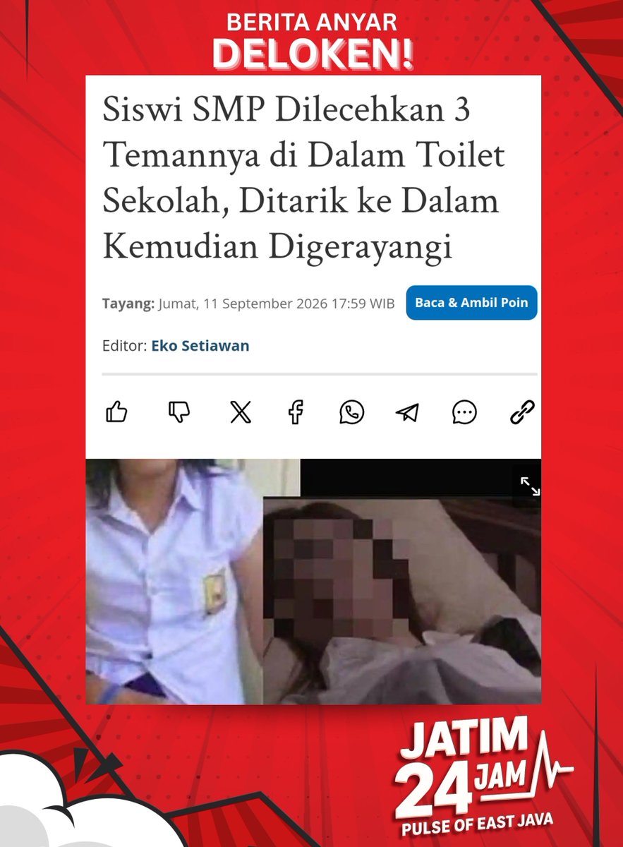 Jawatimur24jam's tweet photo. JATIM24JAM - Seorang siswi SMP berusia 13 tahun diduga menjadi korban kekerasan seksual yang dilakukan oleh tiga teman sekolahnya di dalam toilet sekolah di Kecamatan Camplong, Kabupaten Sampang, Jawa Timur.

🎥 : Berbagai Sumber 

#jatim24jam #jawatimur #sampang #smp #kasus https://t.co/kVedFgKGSS