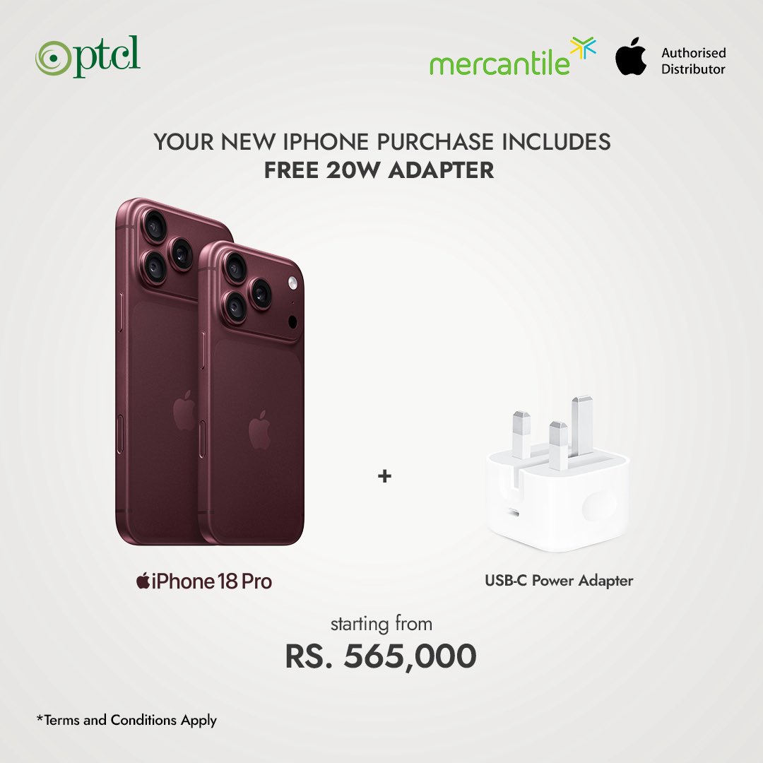 PTCLOfficial's tweet photo. Upgrade to the new iPhone 18 Pro (from Rs. 565,000) and get a FREE 20W USB-C Adapter!

Order online: https://t.co/nuxttmpBgX

Also available in-store at select locations in ISB, LHR &amp; KHI.

#PTCL #Mercantile #iPhone18pro https://t.co/EbWQcX01Wr