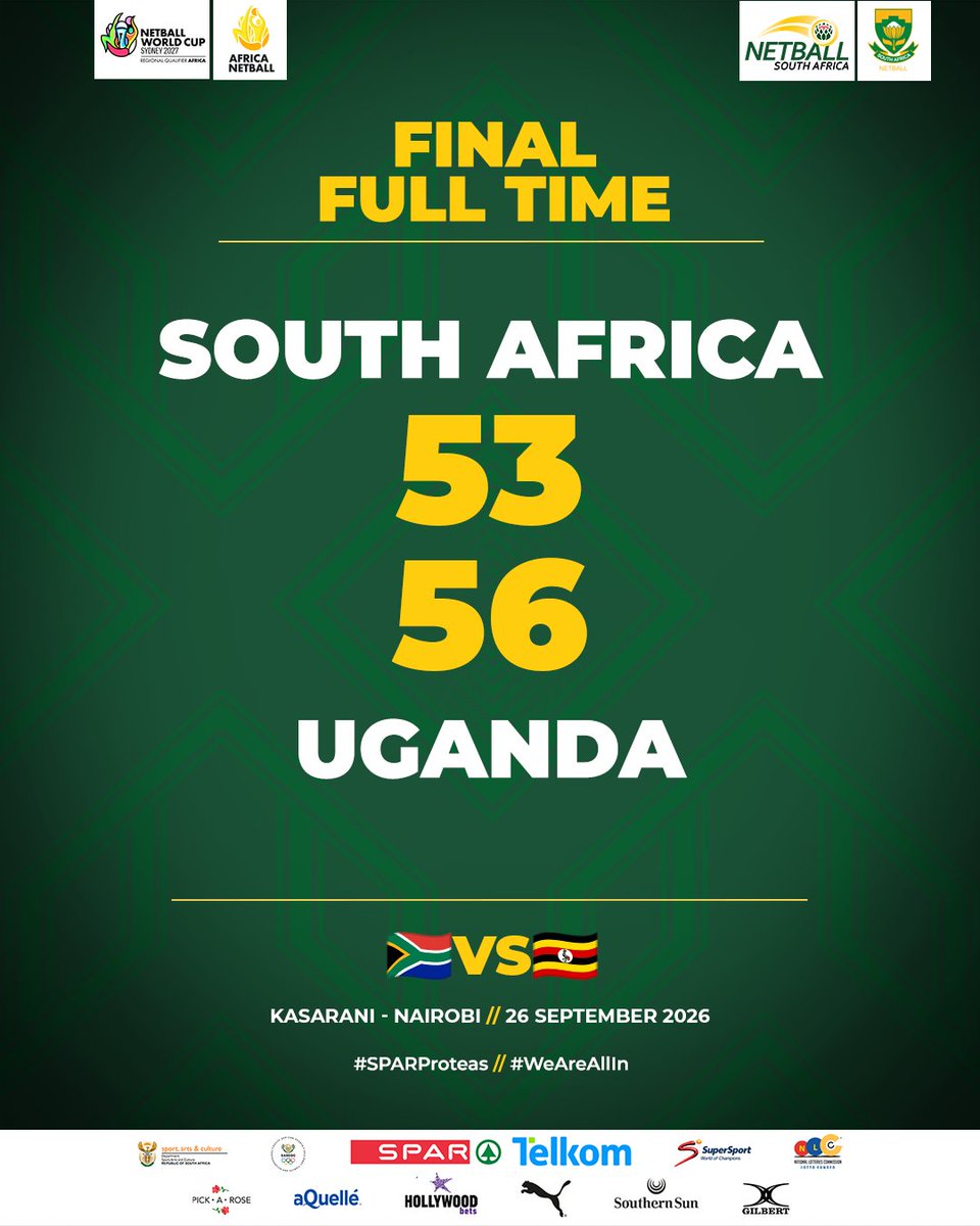 Netball_SA's tweet photo. Not our day in Nairobi.
Proud of the fight, proud of the journey. ๐๐
Congratulations to Uganda on a closely fought final.
#SPARProteas #AfricaNetballCup2026 #WeAreAllIn https://t.co/AaI5CIJdYV