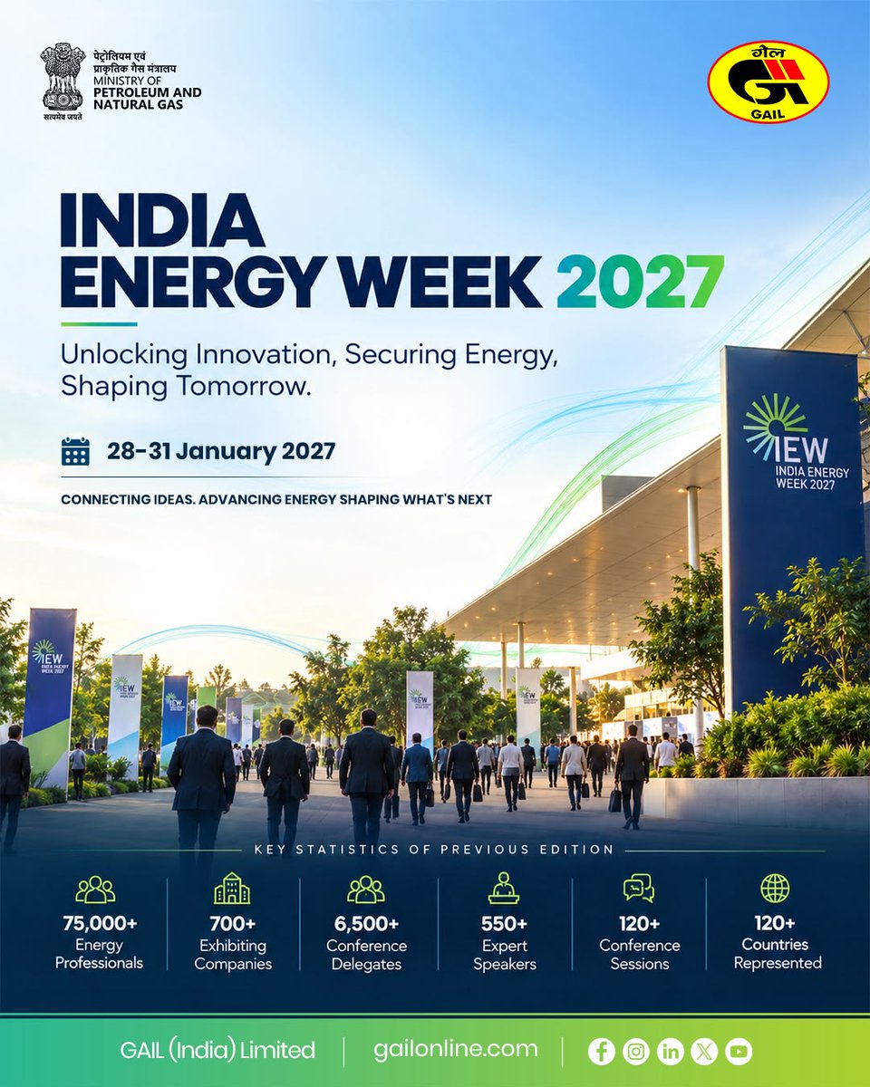 gailindia's tweet photo. India Energy Week 2027 brings together the global energy community to connect, collaborate and shape the future of energy.

GAIL (India) Limited looks forward to being part of this global platform, where ideas, innovation and partnerships come together to advance the energy landscape.

28–31 January 2027

Connecting ideas. Advancing energy. Shaping what’s next.

@HardeepSPuri @TheSureshGopi @neerajmittalias @Secretary_MoPNG @PetroleumMin @CMD_GAIL

#IndiaEnergyWeek2027 #IEW2027 #GAILIndia #Energy #EnergyTransition #Innovation #EnergizingPossibilities