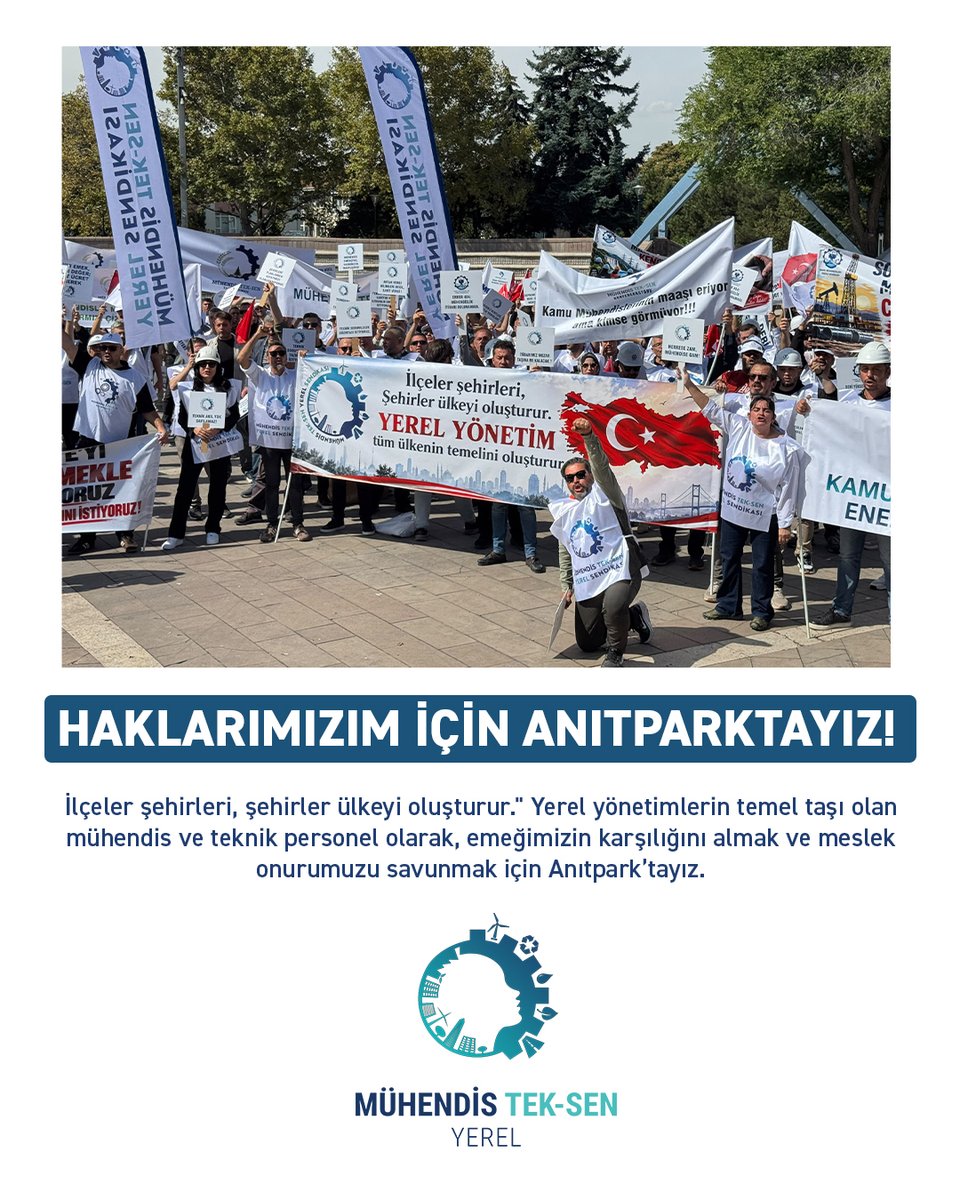 MuhTekYerelYntm's tweet photo. İlçeler şehirleri, şehirler ülkeyi oluşturur. Yerel yönetim tüm ülkenin temelini oluşturur. diyerek bugün haklarımız için alanlardaydık. Yerel yönetimlerde görev yapan mühendis, mimar ve teknik personelin emeği, şehirlerimizin inşası ve geleceği için vazgeçilmezdir. Ancak "Kamu mühendislerinin maaşı eriyor ama kimse görmüyor" diyen meslektaşlarımızın haklı isyanını bugün Anıtpark meydanından tek bir ses olarak duyurduk. Sahadaki yoğun emeğimizin ve mesleki itibarımızın yok sayılmasını kesinlikle kabul etmiyoruz.

Mühendis Tek Sen Yerel Sendikası olarak; adil ücret, liyakat ve güvenceli bir gelecek taleplerimizi omuz omuza haykırmak için bir aradaydık. Emeğimizin değersizleştirilmesine karşı asla sessiz kalmayacağız. Biliyoruz ki güçlü şehirler, ancak hakkını alan güçlü bir teknik kadroyla inşa edilebilir. Hak verilmez, birlikte alınır!

#MühendisTekSenYerel #YerelYönetim #EmeğeSaygı #AdilÜcret #MeslekiDayanışma #Anıtpark #Ankara