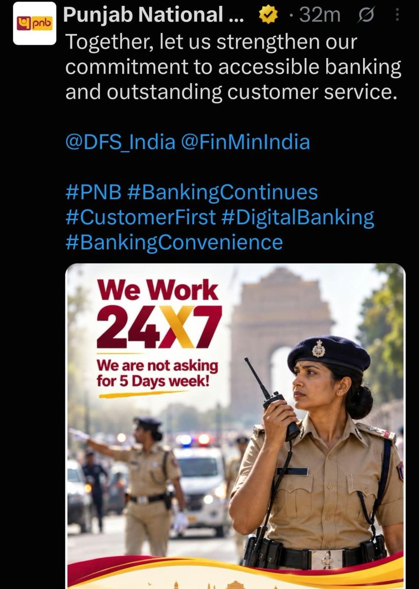 VEER_CV1985's tweet photo. Shame on Punjab National Bank’s management for this highly insensitive post. Comparing the relentless 24/7 duties of essential police officers—who work in entirely different public safety conditions—to justify denying bank employees a basic 5-day work week is a new low.
​#ToxicWorkCulture #5DayBanking
