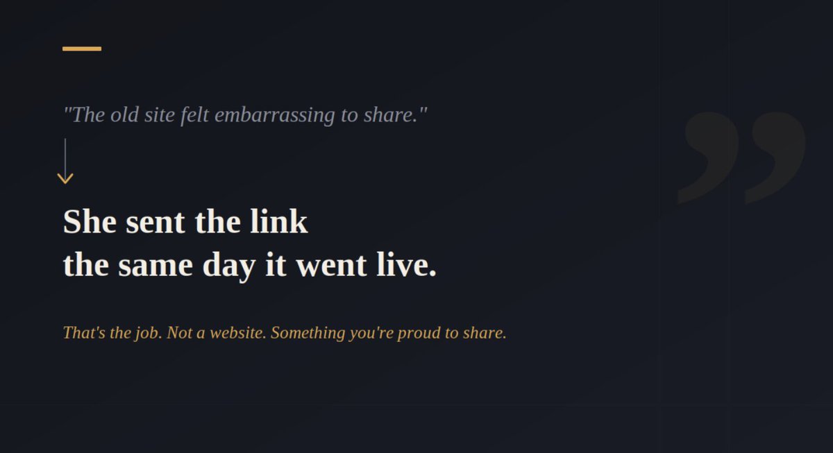 d_bubblerr's tweet photo. A client almost didn't launch her course.

Not the price. Not the content.

She said the old site felt embarrassing to share.

We rebuilt it. Same day, she sent the link.

That's the job. Not a website. Something you're not scared to put your name on. https://t.co/Q7dMJzSoG5