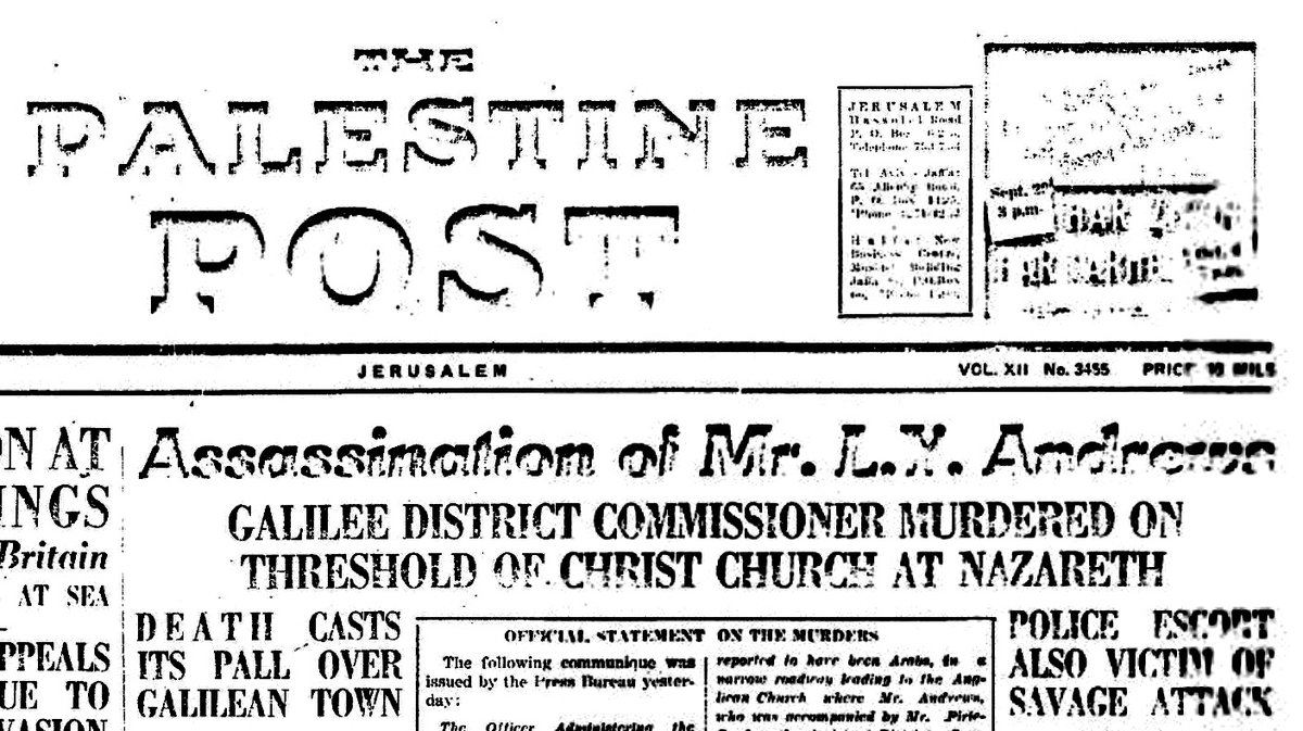 CptAllenHistory's tweet photo. On this day—September 26, 1937

Arabs murdered him as he walked out of church in Nazareth on his 41st birthday.

Lewis Yelland Andrews was the British District Commissioner for the Galilee. He left Sunday service at Christ Church with his assistant and a constable. Four gunmen opened fire at close range. Andrews died in the street. Constable Peter McEwan died in hospital, and the assistant lived after Andrews yelled for him to run.

The Arab Revolt was in its second year. But Britain treated this assassination as a declaration of war on the Mandate. Within days, the Arab Higher Committee was outlawed. Amin al-Husseini was stripped of his Grand Mufti title, and he was removed from the Supreme Muslim Council and the waqf. He fled and ultimately ended up in Berlin collaborating with the Nazis for most of the war.

The shooters were followers of Izz ad-Din al-Qassam. That name was later lionized as the brand of Hamas’ military.