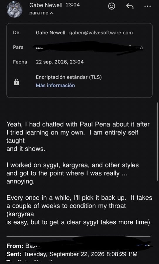 Pirat_Nation's tweet photo. Gabe Newell really did spend months practicing Mongolian throat singing around Valve’s office.

After the story resurfaced, @tbaszt emailed Newell asking if it was actually true. Newell confirmed it, saying he had “worked on sygyt, kargyraa, and other styles.”

He admitted he was “entirely self taught and it shows”, adding that he still practices “every once in a while.”

He also said getting a clear sygyt sound “takes more time” because kargyraa is easier for him.