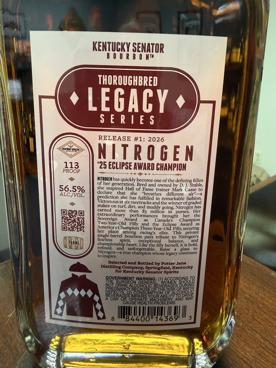damon_thayer's tweet photo. So happy for @DJ_Stable @JonGreen2022 on NITROGEN’s big win yesterday. We’re honored that such an amazing filly is featured on our first @KentuckySenator private barrel selection “Thoroughbred Legacy Series” bottle.  Details to come this week! Check out this cool label. https://t.co/jLPP9CLHgn