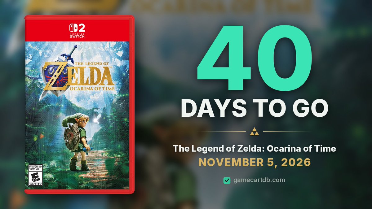 GameCartDB's tweet photo. Hey, listen! 🧚

Just 40 days to go until Ocarina of Time.

November 5 still feels far away… but the countdown is officially on 🔥🔥 https://t.co/2ErV7uQN3D