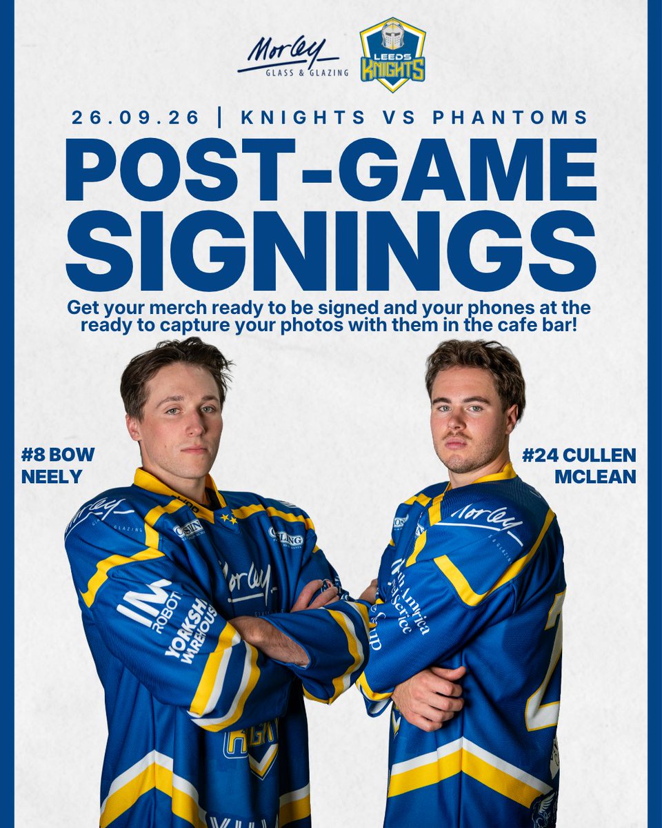 Leedsknights's tweet photo. Meet Bow Neely and Cullen McLean in the cafe bar after the game tonight 😁 https://t.co/JmE3TomZD3