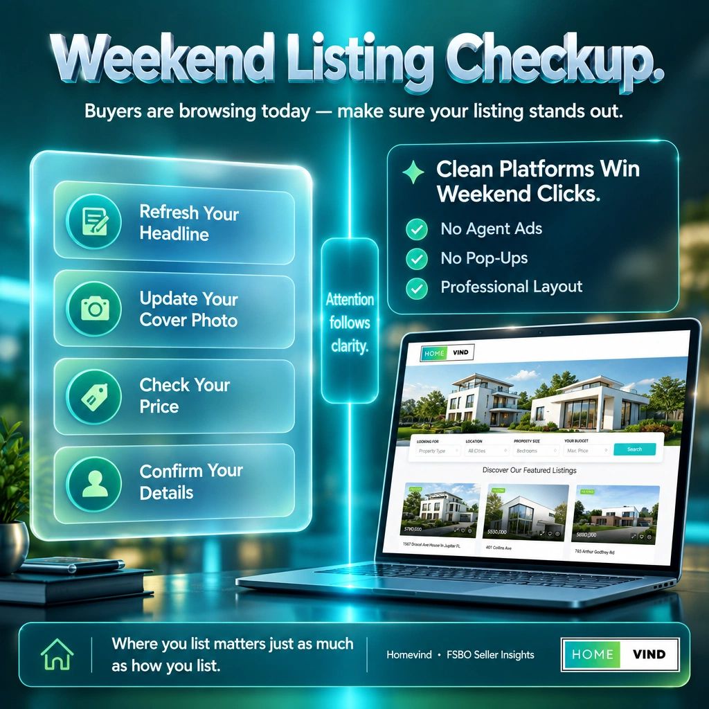 HomeVind's tweet photo. Saturday buyers are active — keep your listing clear, clean, and easy to find. A clutter‑free platform keeps the focus on your home.  https://t.co/9raOSJu8zL
#FSBO #ForSaleByOwner #HomeSellingTips #SellYourHome #RealEstate
#Homevind #RealEstateMarketplace #RealEstateAdvertising https://t.co/cVop8VNRgX