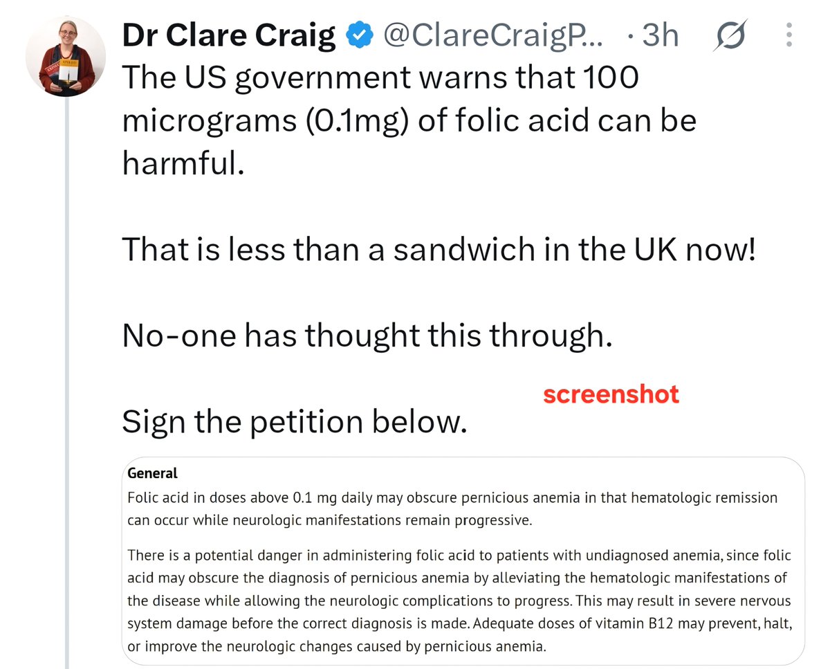 upforthefight1's tweet photo. USA warns that just 100mcg of folic acid can be harmful. 

Labour CHOOSES 250 MCG 

If this isn't a massive sign of deliberate + malicious drugging of us, then i don't know what is.

The harms ARE well established &amp; KNOWN by our govt.

100% intentional to harm + early graves. https://t.co/1h7rSYvNGM