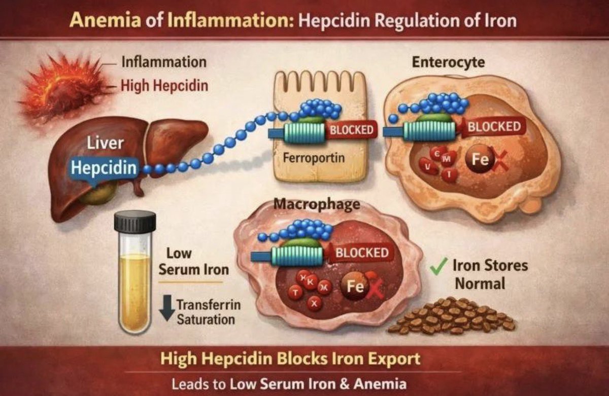 laboratorykh's tweet photo. Hepcidin🔬 

📌 من المعلومات المهمة في Hematology

🧬 ما هو Hepcidin؟

هو هرمون ببتيدي مكوّن من 25 حمضًا أمينيًا، يُنتَج بشكل رئيسي في الكبد، ويُعد من Positive Acute-Phase Proteins وأحد أهم المنظمات لمستوى الحديد في الجسم

⚙️ ما وظيفته؟

يعمل Hepcidin على تثبيط Ferroportin، وهو البروتين المسؤول عن إخراج الحديد إلى الدم من:

🔹 خلايا الأمعاء
🔹 Macrophages
🔹 Hepatocytes

عندما يرتبط Hepcidin بـ Ferroportin يؤدي إلى دخوله للخلية وتحلله، وبالتالي ↓ خروج الحديد إلى الدم. 

🔥 علاقته بـ Anemia of chronic disease 🩸

في حالات Chronic Inflammation يرتفع IL-6 → يحفّز الكبد على زيادة إنتاج Hepcidin → ↓ Ferroportin → احتجاز الحديد داخل الـMacrophages وانخفاض امتصاص الحديد من الأمعاء.

⬇️ Serum Iron
⬇️ Iron availability for erythropoiesis
⬆️ Ferritin

وهذا أحد أهم الآليات التي تؤدي إلى Anemia of Chronic Disease / Anemia of Inflammation؛ أي أن الحديد موجود في الجسم لكن غير متاح بشكل كافٍ لنخاع العظم

⭐ احفظها للـSLLE:

Inflammation → IL-6 ↑ → Hepcidin ↑ → Ferroportin ↓ → Iron sequestration → 
Serum Iron ↓ → ACD

#مختبرات_طبيه
#hematology
