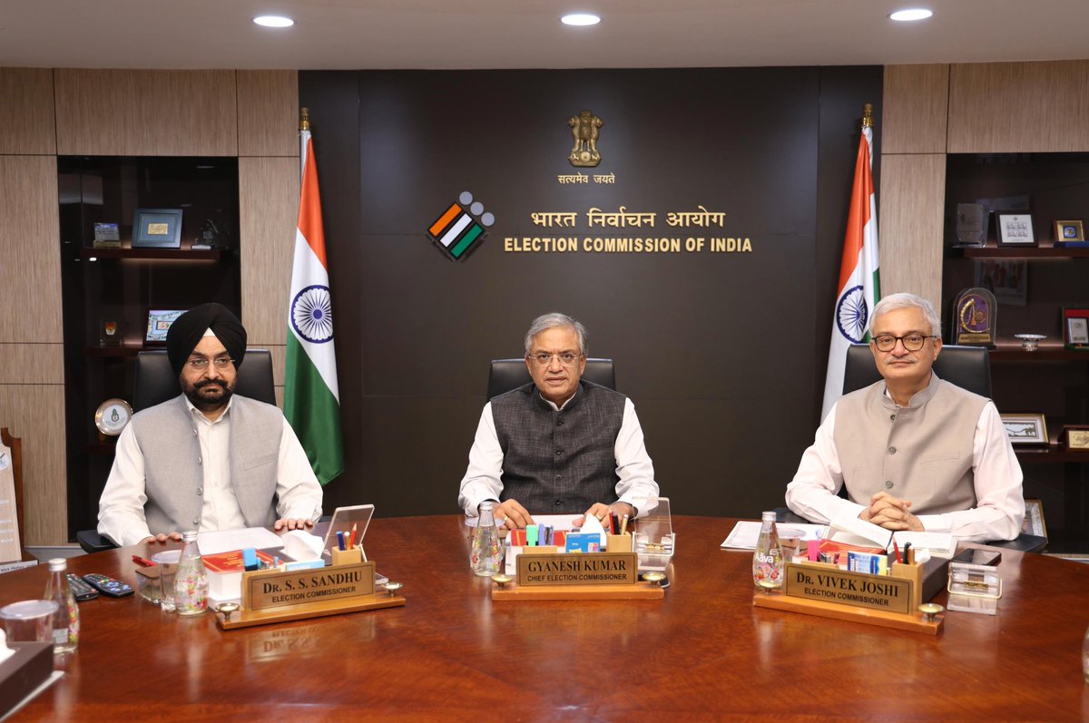 ranjan_Bpl's tweet photo. First appearance of Chief Election Commissioner #GyaneshKumar and his colleagues Election Commissioners #SSSandhu and #VivekJoshi after Indian Express' big expose on September 23 on alleged internal conflict in the Election Commission of India on #SIR issue and alleged highhandedness of Gyanesh Kumar in making changes in the Form 6 and SIR process without consent of his colleagues- the two election commissioners.

The deadline of Cockroach Janta Party (CJP) for 48 hours given to Gyanesh Kumar to resign ended this afternoon. The CJP has announced JantarMantar 2.0 for Gyanesh Kumar's resignation and two other demands. 

We can see stiff face of SS Sandhu who has been the most vocal against style of functioning of Gyanesh Kumar as they claimed, as per the Indian Express report, they came to know about certain decisions of the commission through media only. 

This photo was shared by @ECISVEEP on its X handle with a press release. 
#ElectionCommission #ElectionCommissionDisband #JantarMantar #CockroachJantaParty
