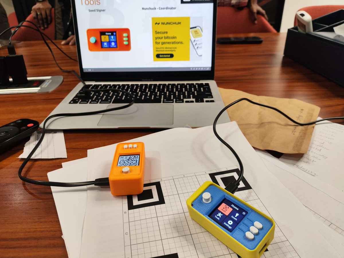 bitshala_org's tweet photo. Just wrapped an incredible Bitcoin multisig workshop in Chennai 🟠🧡

What we covered hands-on:
🧠 Multisig basics - why 1-key security is a single point of failure 
🔑 Generated 3 independent seeds using @SeedSigner  
📤 Loaded XPUBs & built a 2-of-3 multisig wallet on @SparrowWallet + @nunchuk_io  
✍️ Created a 2-of-3 transaction on both wallets 
🔄 Exchanged PSBTs between signers 
✅ Broadcast the final signed transaction

From seeds to a live broadcast in one session, that's how you truly understand multisig. 🔐

Huge thanks to everyone who showed up, built, and learned together. 🟠