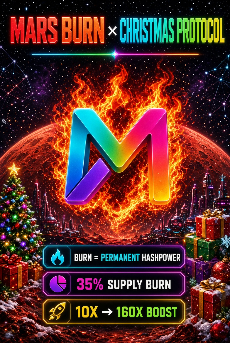 aftalia420's tweet photo. 🔥 Mars BURN × Christmas 🎄

Burn $MARS = Permanent Hashpower  
No rigs, no stake, no lock.

Christmas:
• 35% supply burn  
• 10x → 160x hashpower boost

Burn = Scarcity  
Christmas = Multiplier

What’s your burn plan? 👀

#MarsChain #MARS https://t.co/W5c7XF7hAt