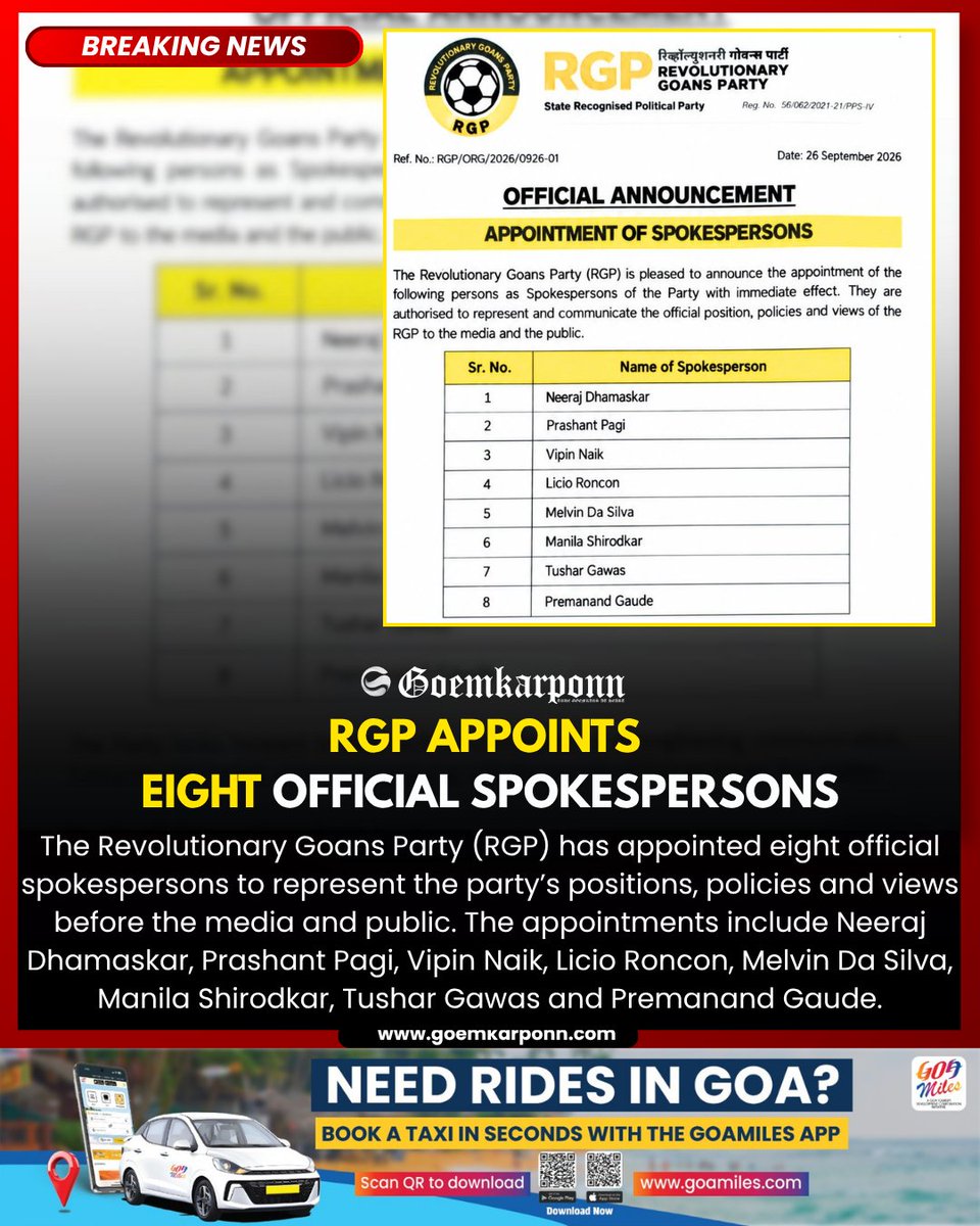 goemkarponnlive's tweet photo. RGP Appoints Eight Official Spokespersons
#RGP #RevolutionaryGoans #GoaPolitics #GoaNews #Goemkarponn https://t.co/mUCsGsuvjw