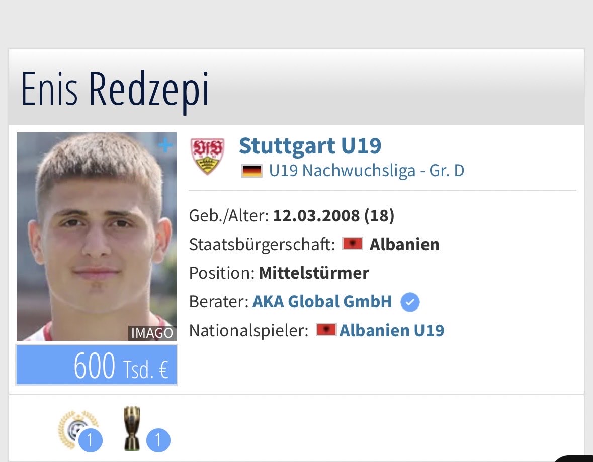 TalentradarFB's tweet photo. 🚨 TALENT RADAR #003 — ENIS REDZEPI 🇦🇱

18 | ST | Stuttgart U19
Albania U19 

His performance against Bayern U19 was seriously impressive.

Powerful, aggressive, relentless — and that movement inside the box… 

For a moment, he reminded me of a certain Norwegian striker playing in Manchester. 😉

Redzepi has the physical profile, attacking instinct and mentality to make the next step.

At this rate, it feels like only a matter of time before he gets a taste of Bundesliga football.

Remember the name. 🔴⚪

#TalentRadar #Scouting #Bundesliga #Football