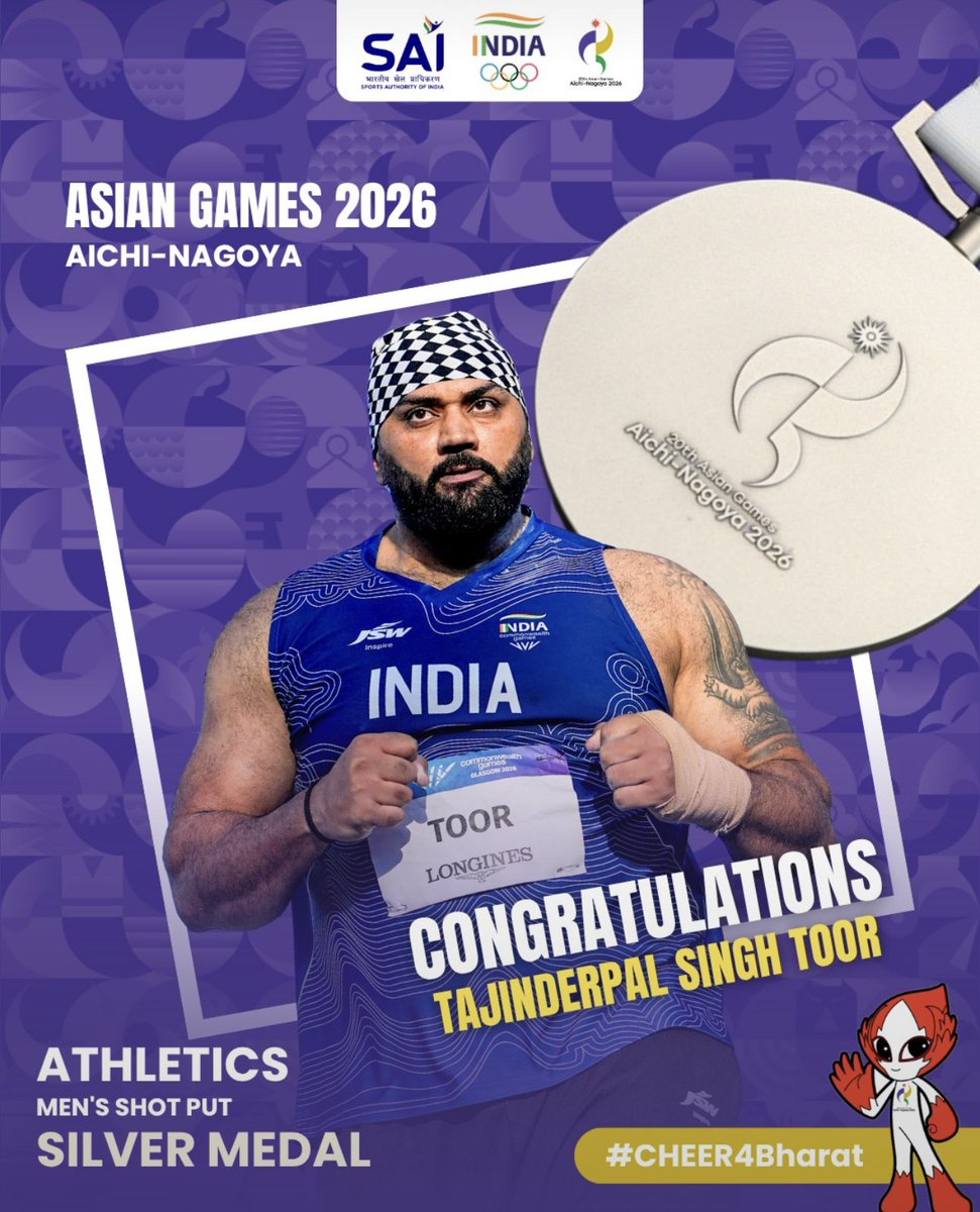 HardeepSPuri's tweet photo. Another proud moment for India in Athletics! 

Heartiest congratulations to Tajinderpal Singh Toor on winning the Silver Medal in Men’s Shot Put at the Asian Games 2026, with a powerful best throw of 20.64m!

A three-time Asian Games medallist, Tajinderpal has once again showcased his strength, determination and consistency on the continental stage, adding another glorious medal to India’s tally.