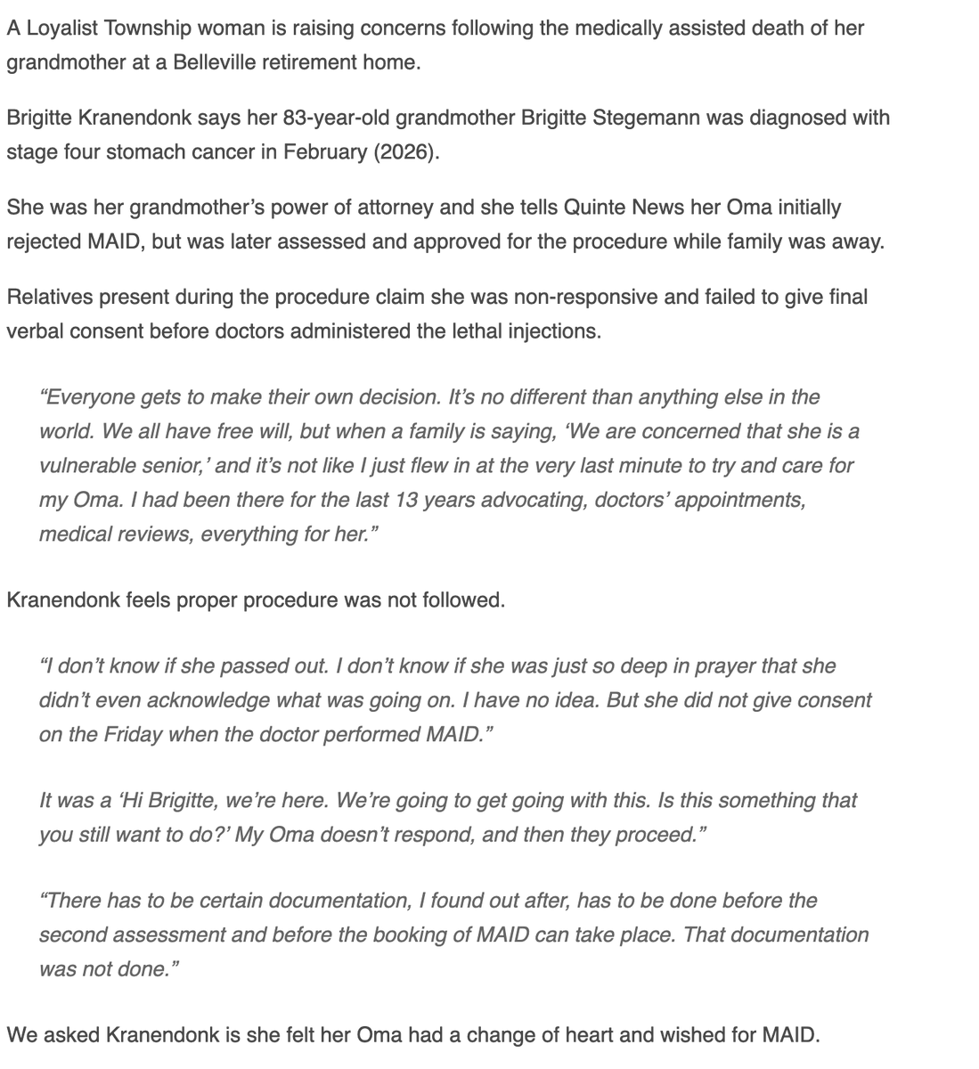 RGBAtlantica's tweet photo. 🔥Another article on the Daily Mail is filled with inaccuracies, by the granddaughter Brigitte Kranendock #MAID #Belleville #Ontario #Stage4StomachCancer
This article from Quinte News has been scrubbed from the internet on the MAID incident in Belleville Ontario: Here it is: https://t.co/kIlFf4Zoxd