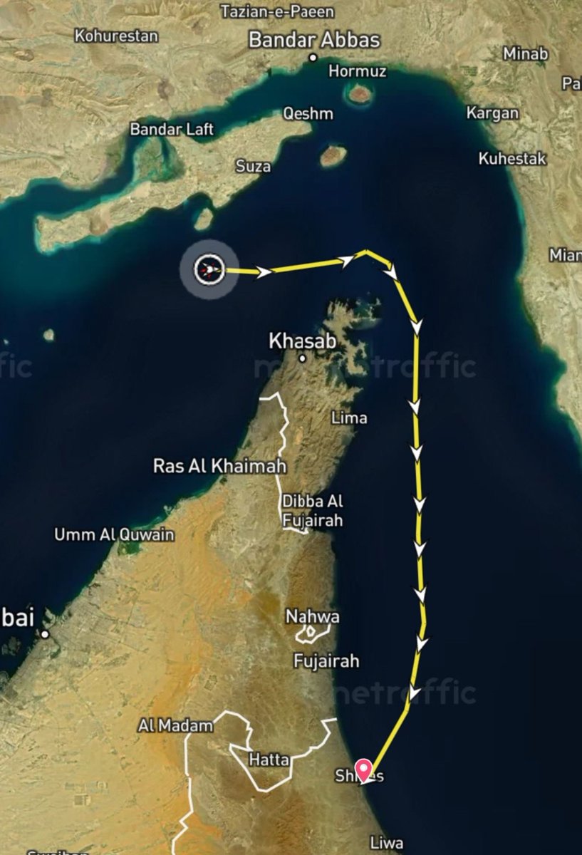 NWS_Rt's tweet photo. 🇵🇼🛢️🔴
مسار لناقلة #نفط ترفع علم دولة بالاو قادمة من ميناء الشارقة بالإمارات وتتحرك حاليا في المسار العماني والمفترض أن تعبر مضيق #هرمز و تصل إلى ميناء شيناس بسلطنة عمان بعد يومان لو أكملت مسارها دون توقف أو استهداف. https://t.co/GmD4abSGC6