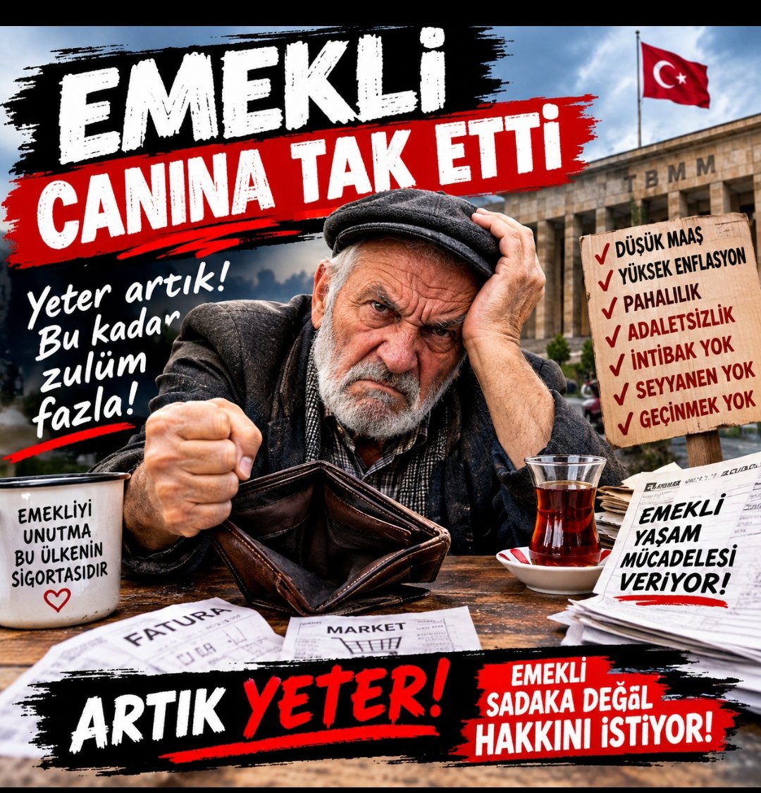 EmekliVeOfkeli3's tweet photo. @ekremacikel Ülkeyi yöneten sayın yetkililere hatırlatalım
Emeklilerin %85i açlık sınırının altında aylık alıyor Kimse bize hayal satmasın
Kimse bizim aklımızla alay etmesin
Aldığımız maaş kira ödemeye yetmiyor
Evde
Temcere tam takır kuru bakır
#ParaiçinDeğilOnurumuziçin ölelim mi #yeterartık https://t.co/sPgfkMlIjd