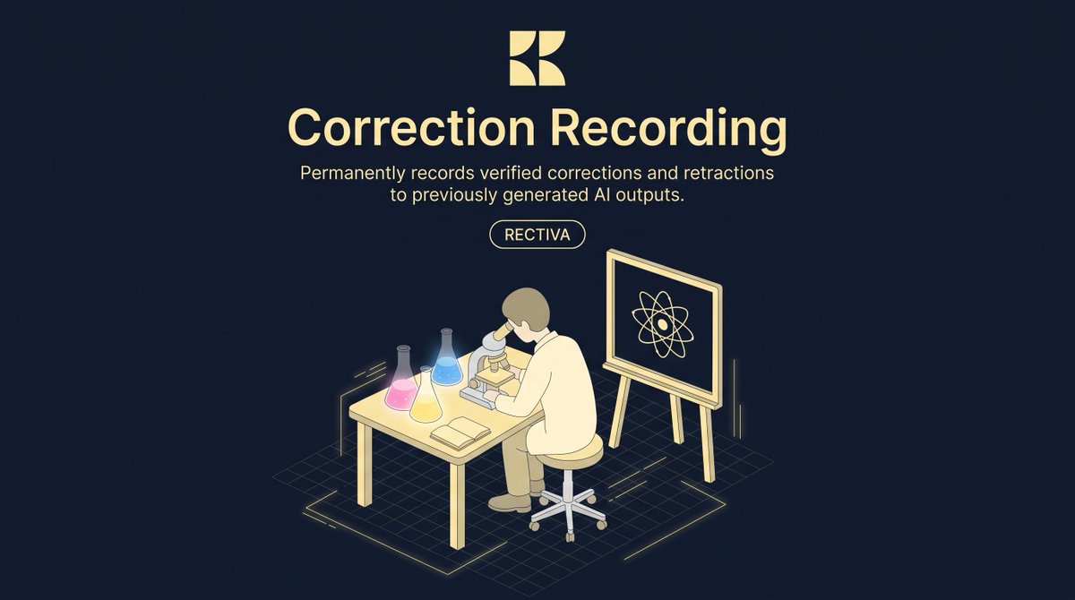 OpenRectiva's tweet photo. AI outputs can change, but outdated information can remain in circulation. Rectiva permanently records verified corrections and retractions, creating a reliable reference for previously generated AI outputs. https://t.co/eGQ5Xs0pSP
