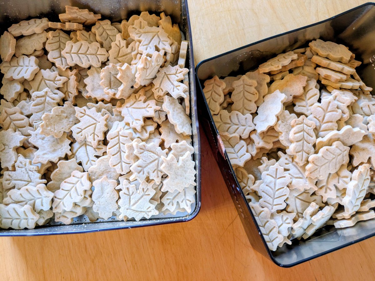 LaMereParfaite's tweet photo. 🍁 Sablés d'automne à la crème de marron 🍂

Monsieur Troisième étant là pour le weekend, j'ai fait des sablés en quantité. Une boîte pour lui, une autre pour les enfants de la maison.

J'ai décidé cette fois-ci de faire des sablés d'automne, à la crème de marron.
J'ai utilisé de petits emporte-pièces feuilles et j'ai ainsi obtenu....290 sablés 😆

Je sais que vous allez me la quémander, donc voici la délicieuse recette des sablés à la crème de marron.
Vous pouvez en faire une version "luxe" à offrir en ajoutant des marrons glacés hachés en petits éclats.

J'ai divisé les quantités par trois (j'imagine que tout le monde ne compte pas faire presque 300 sablés 😅).

Pour environ 80 petits sablés :

• 250 g de farine
• 120 g de beurre doux mou
• 120 g de crème de marrons
• 40 g de sucre glace
• 1 jaune d’œuf
• 30 g de poudre d’amandes
• 1 c. à café de vanille liquide
• 1 à 2 petites pincées de fleur de sel

Travailler le beurre mou avec le sucre glace jusqu’à obtenir une texture crémeuse, sans trop fouetter.
Ajouter la crème de marrons, le jaune d’œuf, la vanille et la fleur de sel. Mélanger.
Incorporer la poudre d’amandes puis la farine. Mélanger juste assez pour obtenir une pâte homogène, sans trop la travailler.
Former un disque, filmer et laisser reposer au moins 1 h 30 au réfrigérateur.
Étaler la pâte sur environ 5 à 6 mm d’épaisseur et découper les sablés avec des petits emporte-pièces d’automne. 
Déposer sur une plaque recouverte de papier cuisson.

 Enfourner à 165 °C chaleur tournante pendant 12 à 15 minutes environ.
Les sortir lorsque les bords commencent tout juste à blondir. Les laisser reposer quelques minutes sur la plaque avant de les transférer sur une grille.
Ils vont devenir plus fermes et parfaitement sablés en refroidissant. 

Bon appétit 🥰

#pâtisserie #automne #sablés