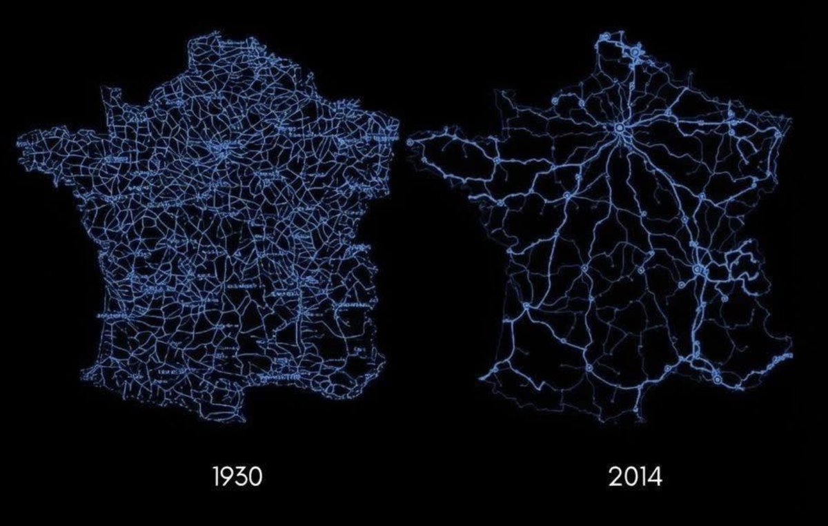 Horoshi_09's tweet photo. @milos_gis If you do the same with data from 1930, you'll see how much the French railway network has been dismantled. https://t.co/xlGlbXbom8