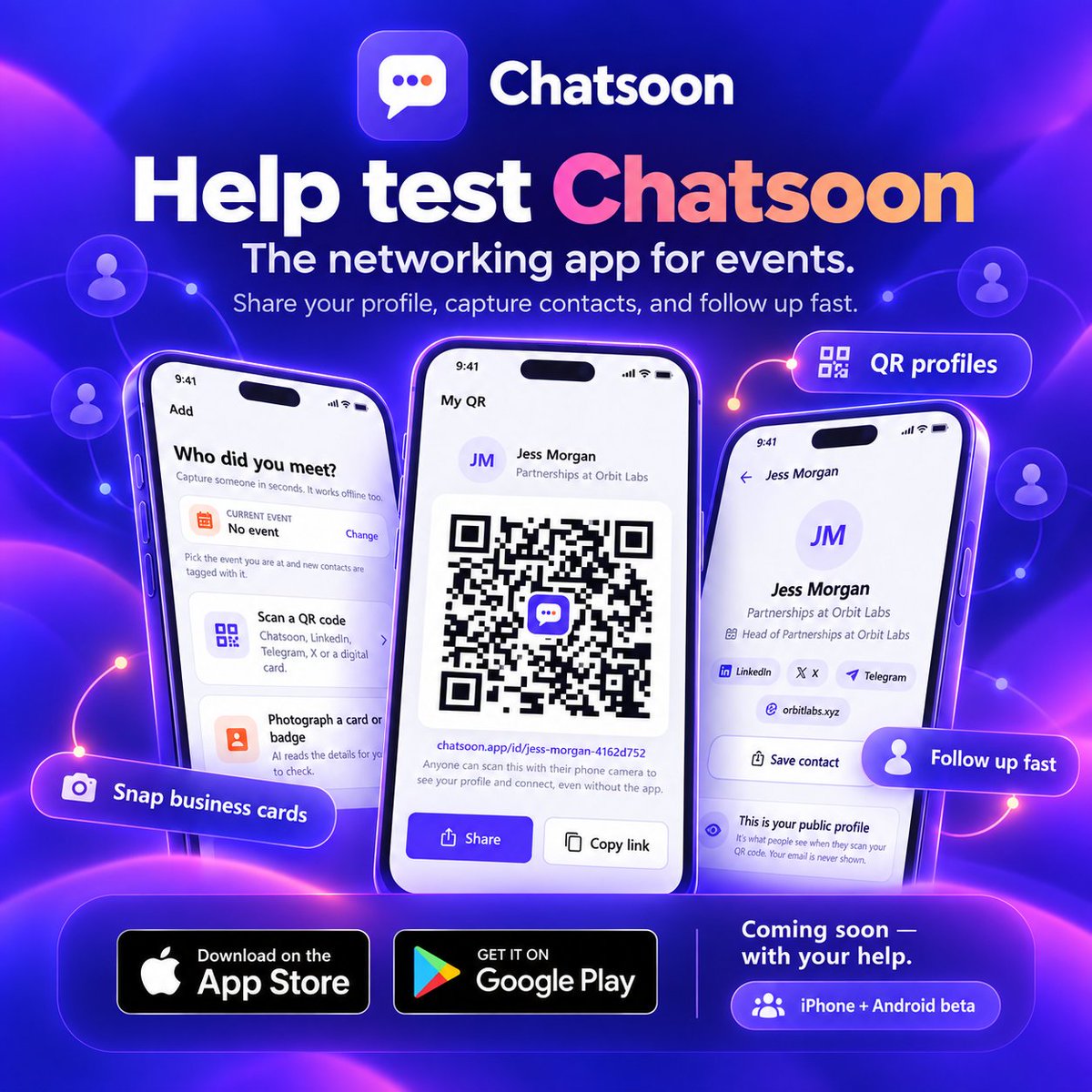 astroboysoup's tweet photo. 📱 Help test Chatsoon – the networking app for events

Chatsoon lets you share your profile with a QR code, snap business cards and event badges to capture people's details, and follow up with everyone you meet. We'd love your help testing it before launch!

🍏 iPhone
1. Install TestFlight from the App Store: https://t.co/5pGbq89I9T
2. On your iPhone, open: https://t.co/O5YDBKTGHX
3. Tap Accept, then Install. Chatsoon appears on your home screen.

🤖 Android
1. Join the tester group with the Google account your phone's Play Store uses: https://t.co/4v2NbJyHul
2. Open this link signed in with that same account and tap "Become a tester": https://t.co/ZWh0wDoL8M
3. Install Chatsoon from Google Play: https://t.co/UNP0qTzkvF
Please keep it installed for at least 14 days – Google needs active testers before we can launch 🙏

Stuck on Android?
• Blank Google Play screen? Close it and open the link above in the Play Store app instead.
• "Item not found"? Check the Play Store app is signed in with the same Google account you used to join the group (tap your profile picture to switch), wait a few minutes, and try again.

💬 Tell us what you think
Sign in with just your email – no password. Try scanning a business card, share your QR with a friend, and let us know anything that's confusing, broken or missing: reply here or email hello@chatsoon.app

Thank you! 🙌