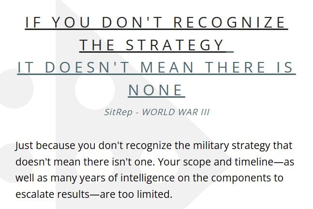 ultrascanhumint's tweet photo. IF YOU DON'T RECOGNIZE THE STRATEGY, IT DOESN'T MEAN THERE IS NONE

SitRep - WORLD WAR III 
---
#Strategy #WWIII
---

https://t.co/NykmwPJlfy https://t.co/CHnHdrUADB