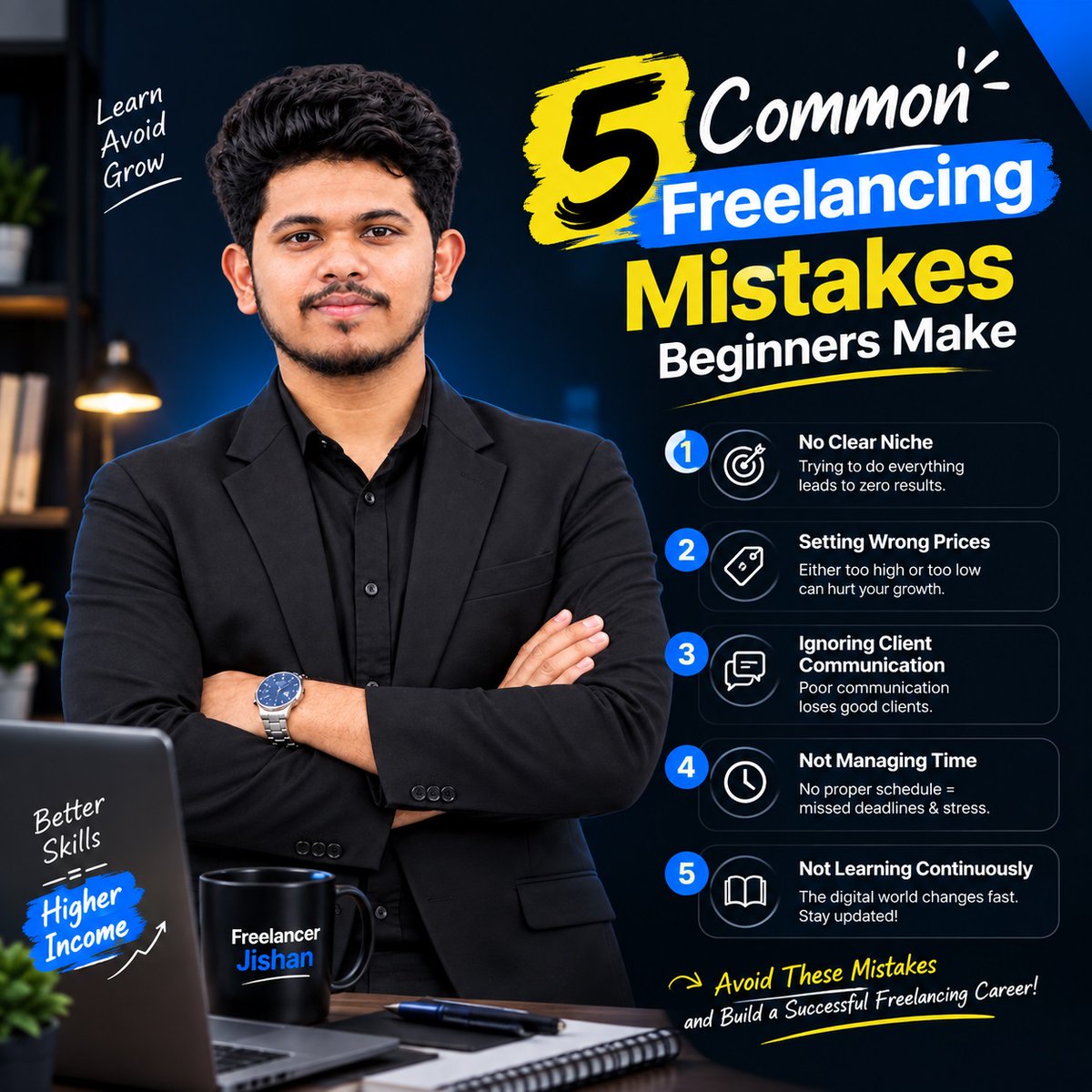rhzisan's tweet photo. 5 Freelancing Mistakes Beginners Should Avoid 

Niche • Pricing • Communication • Time • Learning

#Freelancing #DigitalMarketing #FreelancerJishan https://t.co/33zfvtdyhs
