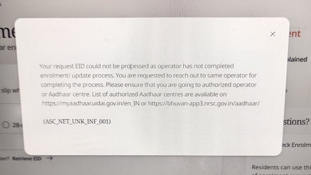 itxgupta's tweet photo. Enrolled my 1-year child for Aadhaar at an India Post centre. Status says operator has not completed the process. The operator says he has completed it and asks me to reapply. Why should I suffer due to their error? Please resolve this. It's 2nd attempt
 @UIDAI @IndiaPostOffice https://t.co/wcFr2IBsm4
