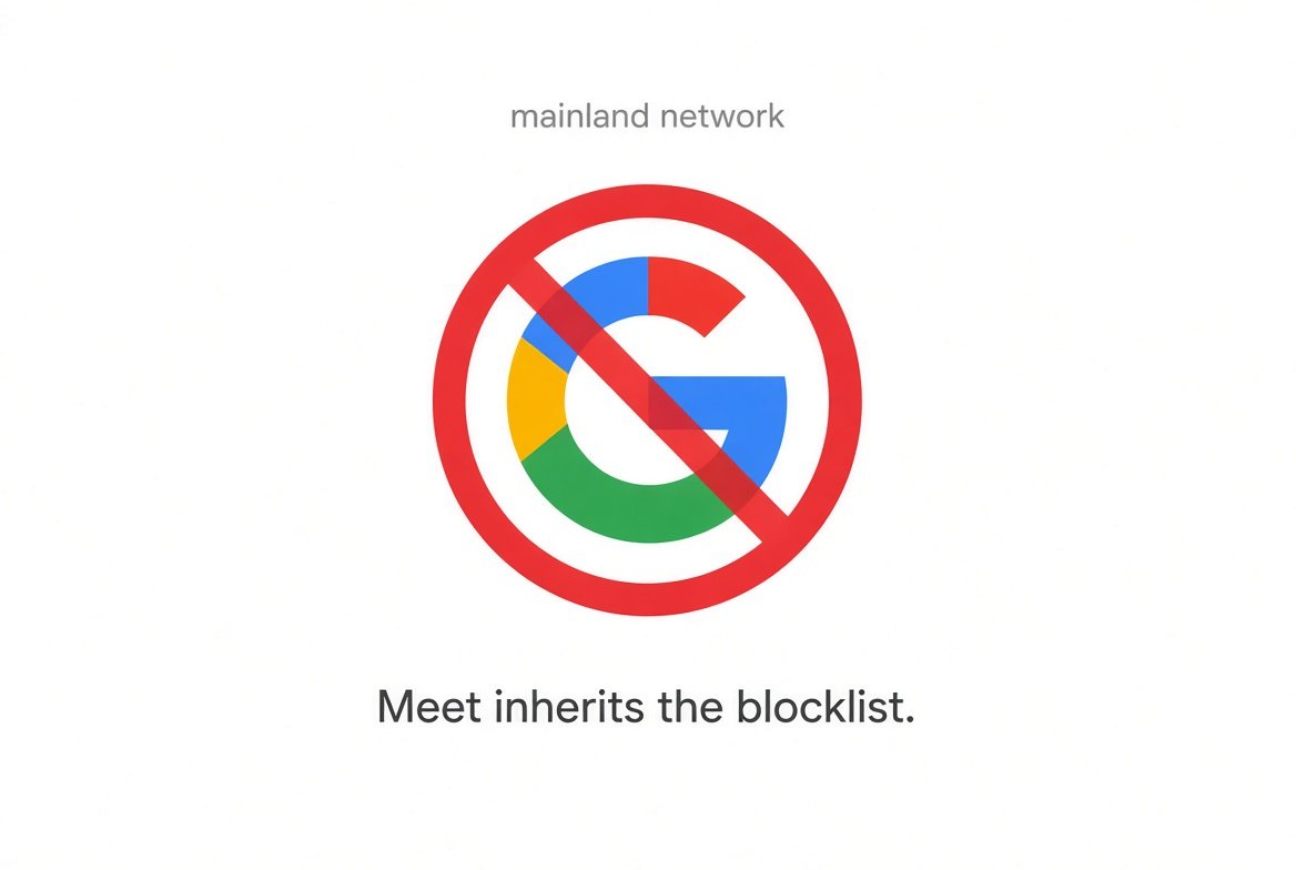 VettasyLLC's tweet photo. 1/2🧵👇

Google is not flaky in mainland. It is filtered.

Search, Gmail, Drive, Calendar, accounts. google. com, Meet. The handshake dies at the border. A hiring stack that lives inside Workspace inherits that map. The candidate does not join a bad call. They never get a session.

We learned that stack in their rooms first. I/O, Cloud Next, smaller engineering talks. Conversations with people who ship the client. Meet was built to move faces and voice between two browsers that can already see Google. It was not built to inspect the OS under the call, and it was not built to survive a network that has already decided the domain is gone.

A Meet bot does not fix this. If the signaling host is a Google property, the bot sits on the same side of the wall as the client. No room, no recording, no integrity layer.